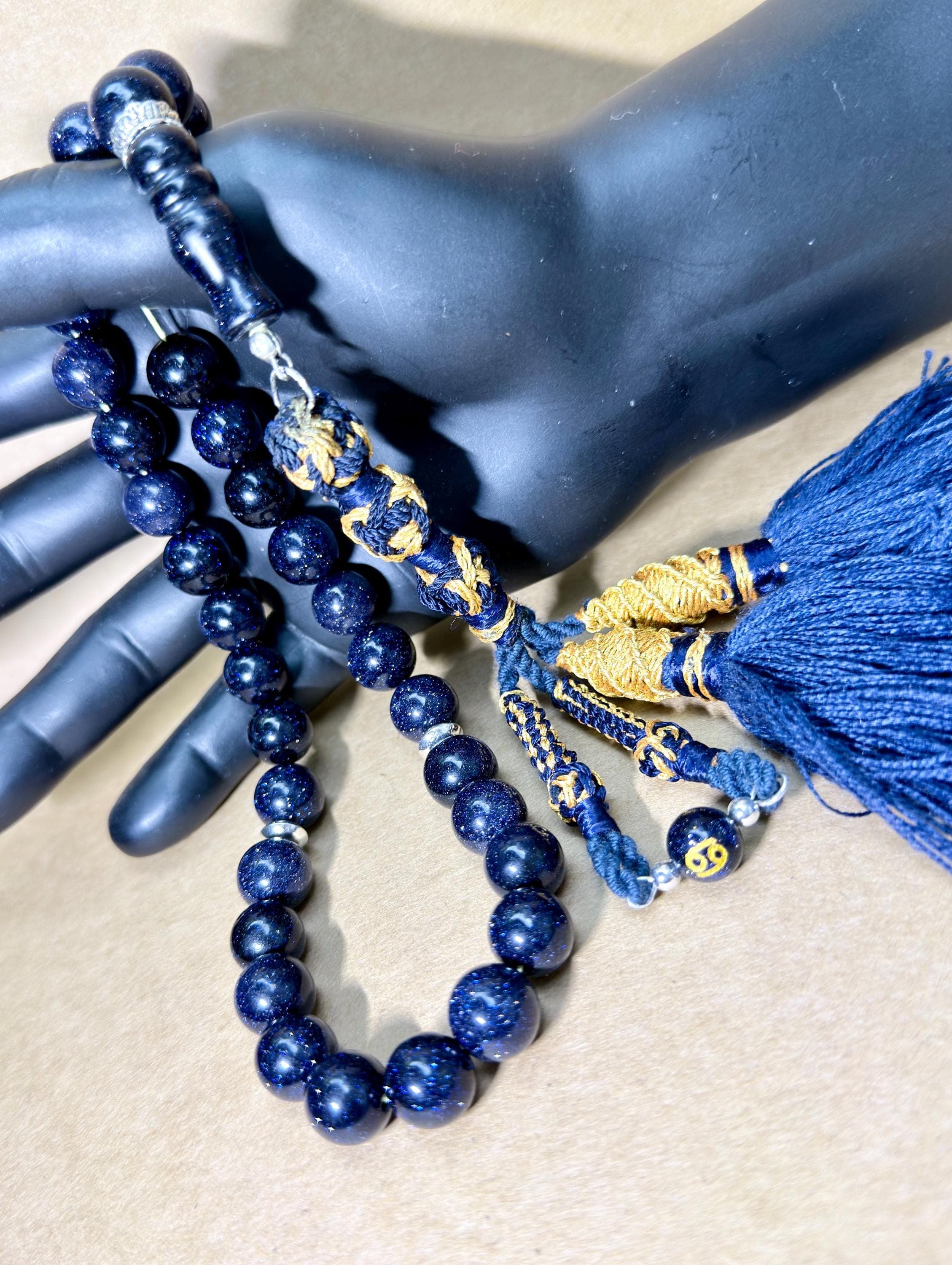 Blue Sandstone Tasbih 33, Islamic Eid Gift, 925 Silver, personalised with zodiac sign