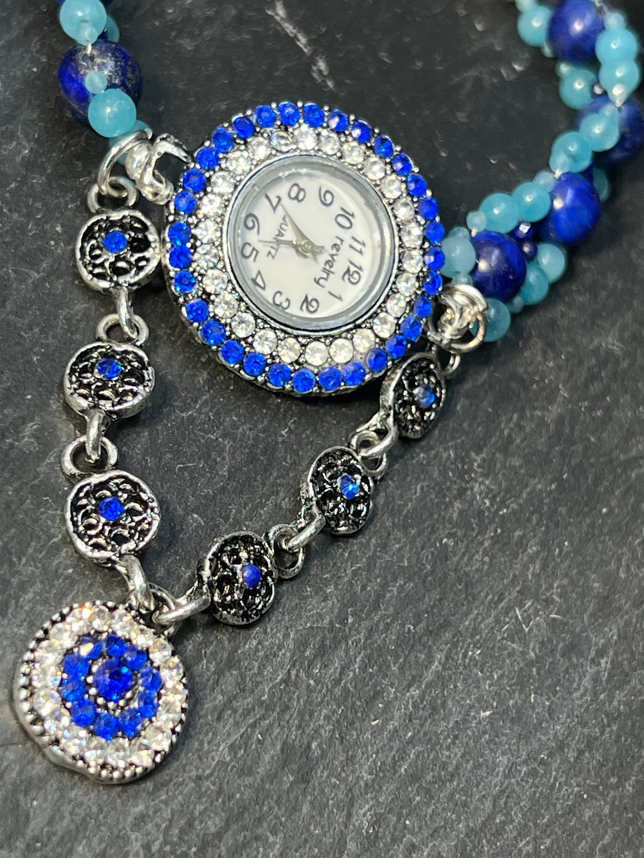 blue gemstones watch bracelet lapis lazuli apatite edelsteine Uhrchen watch strap