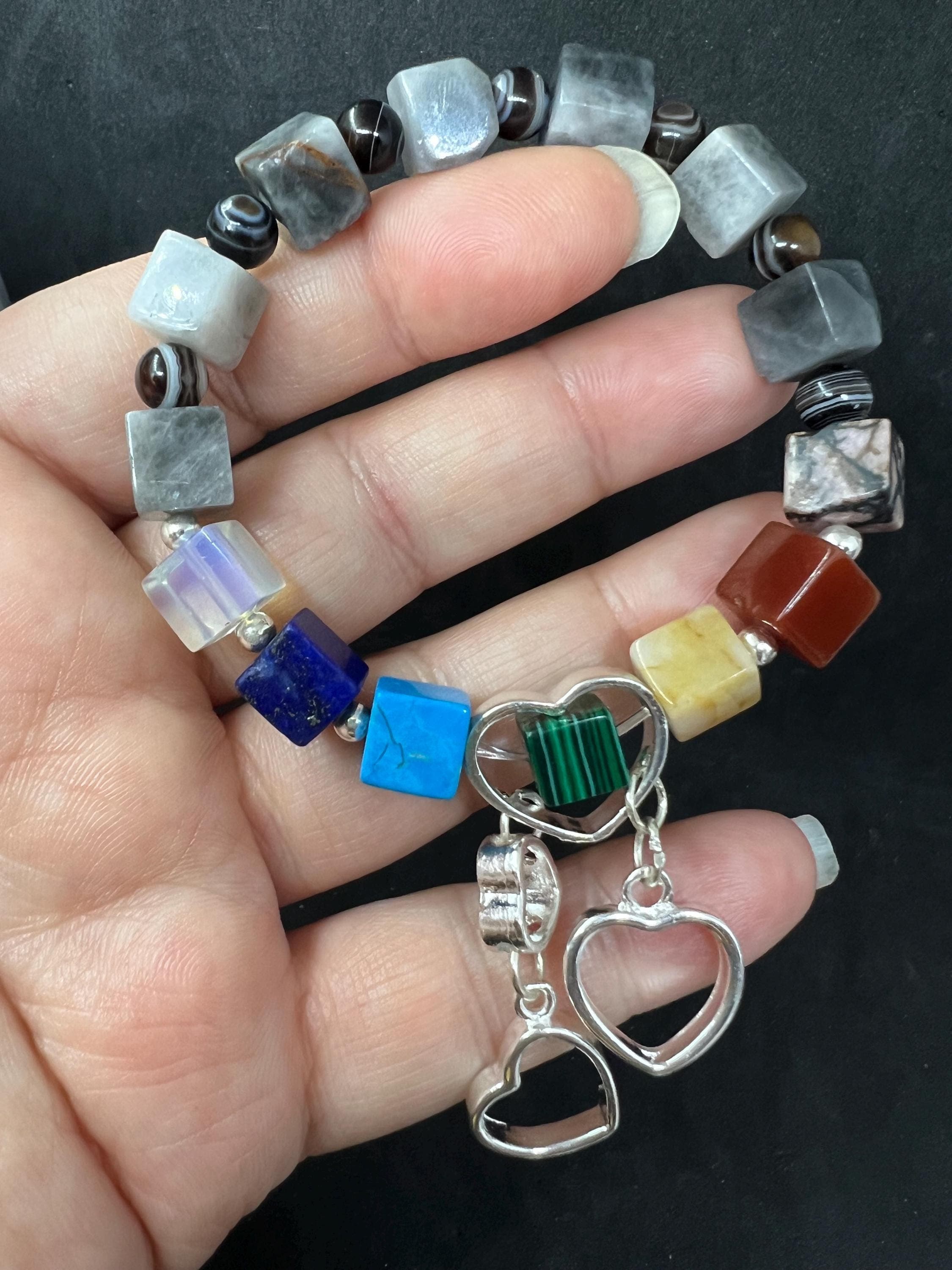 Natural Hauk Eye gemstones Bracelet, 7 chakras, with Silver plated heart charms