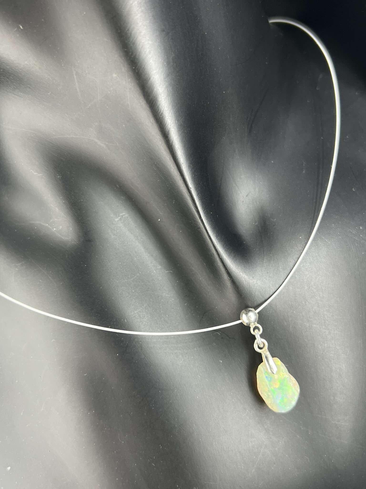 Raw Ethiopian Opal Necklace: 925 Sterling Silver Wire Pendant
