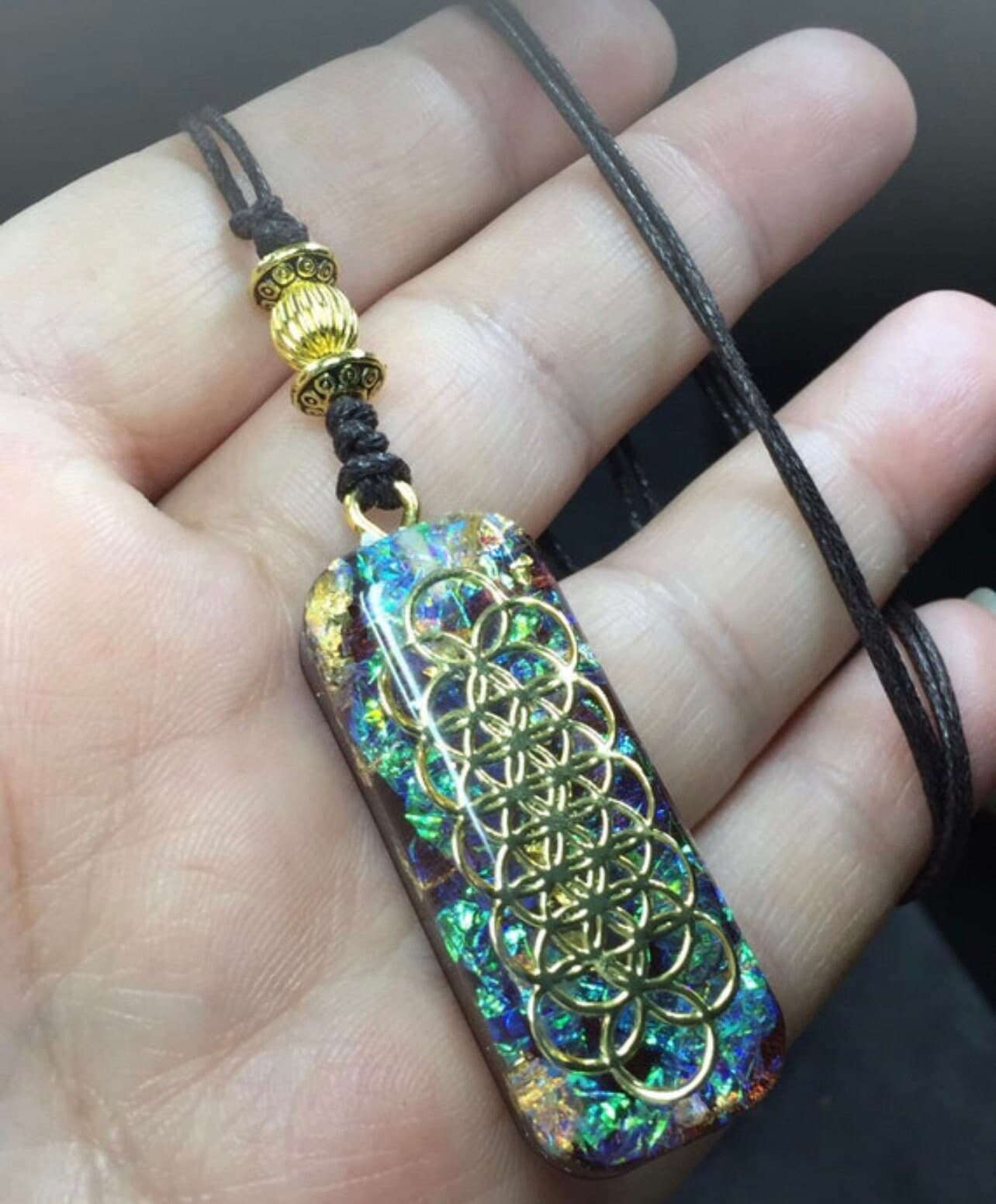 Resin hologram Necklace, Orgonite map Flower of life meditation energy