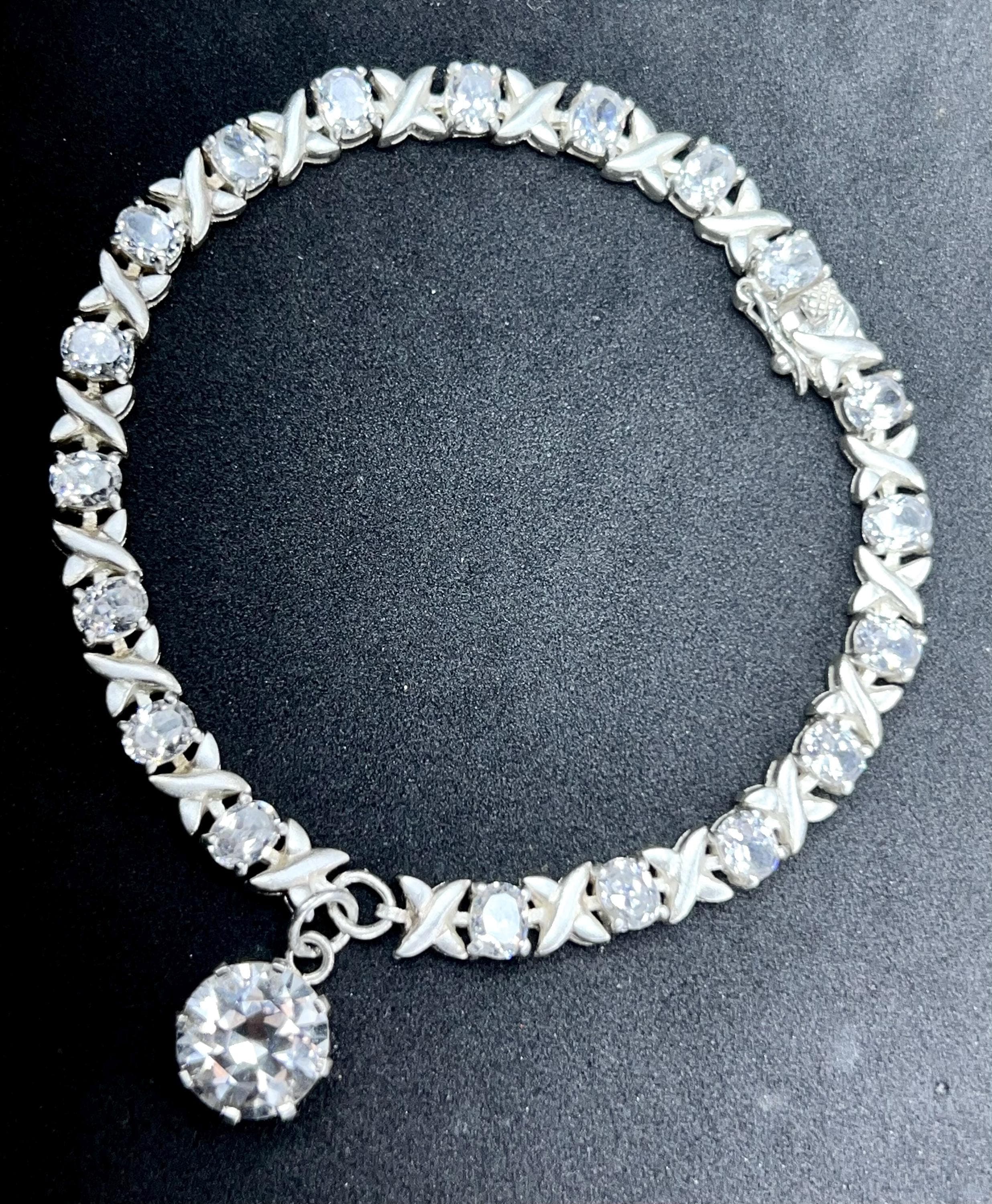 Vintage 1980s XO Tennis Bracelet, 925 Sterling Silver, Cubic Zirconia & Drop Charm, Elegant Jewellery
