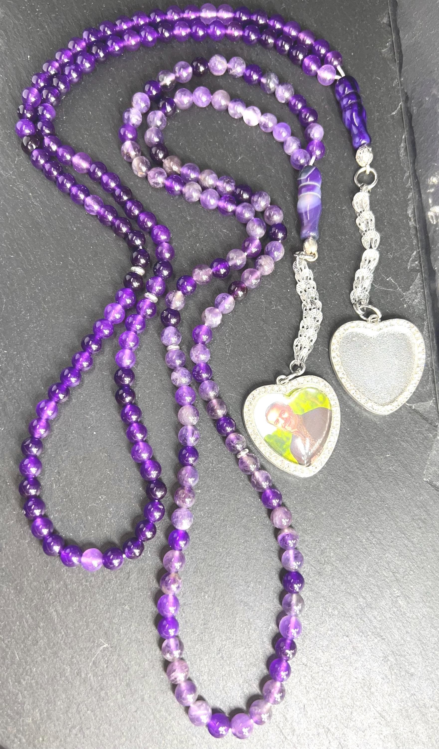Amethyst 99-bead Tasbih, deep violet gemstone, and a shimmering silver-tone heart-shaped pendant , perfect for adding a personal photo