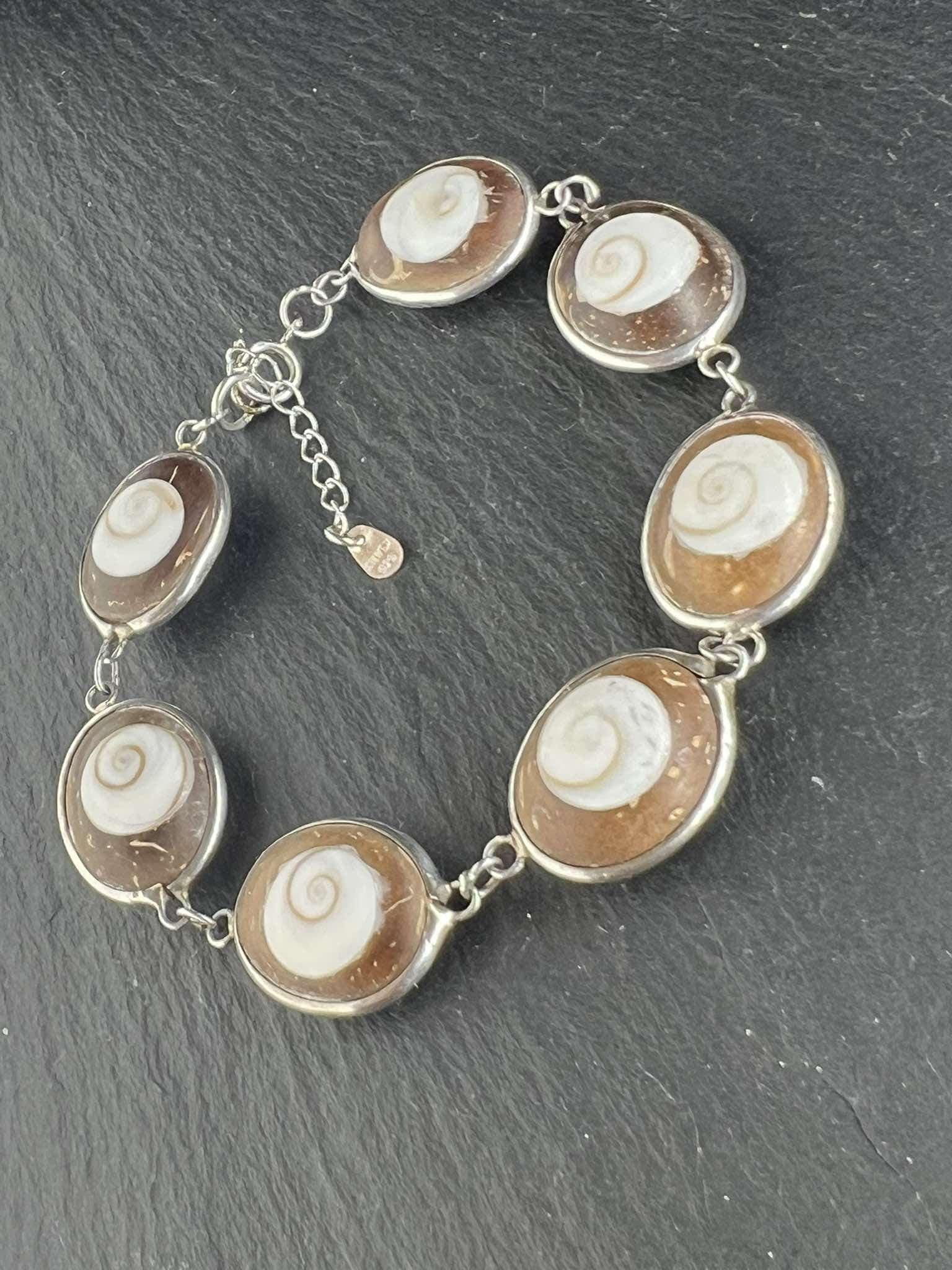Vintage 7 Shiva eyes Shell & Coconut wood Bracelet, 925 Silver nature Healing Energy