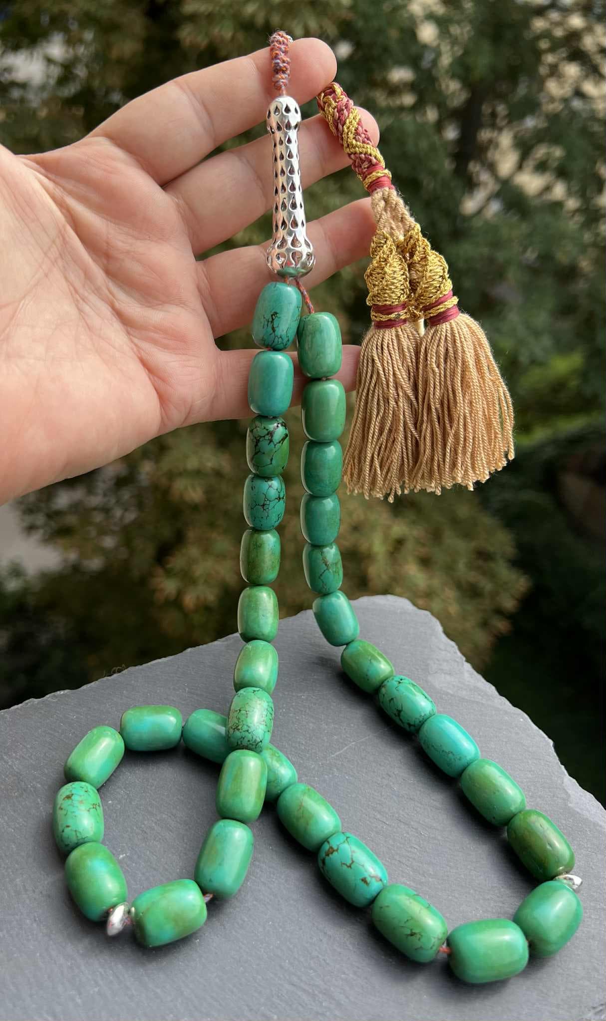 Giant Tasbih, Turquoise Chrysocolla, 33 Prayer Beads, 925 Silver Minaret, hand weaved tassel, Handmade Misbaha, Natural Gemstone, 186g