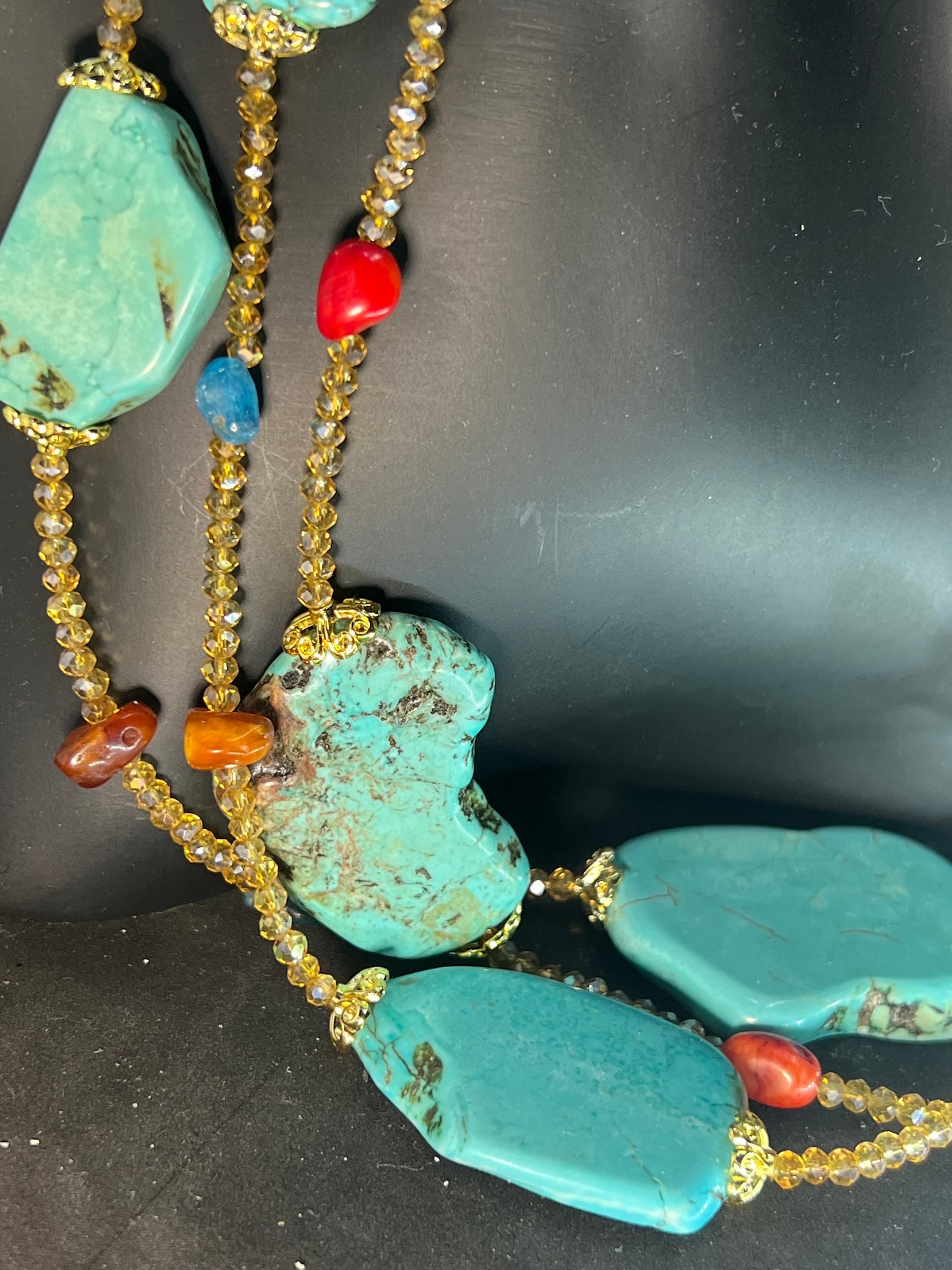 halskette festoon chocker Howleth Türkis blue turquoise korall coral aventurine citrine raw stones goldplated