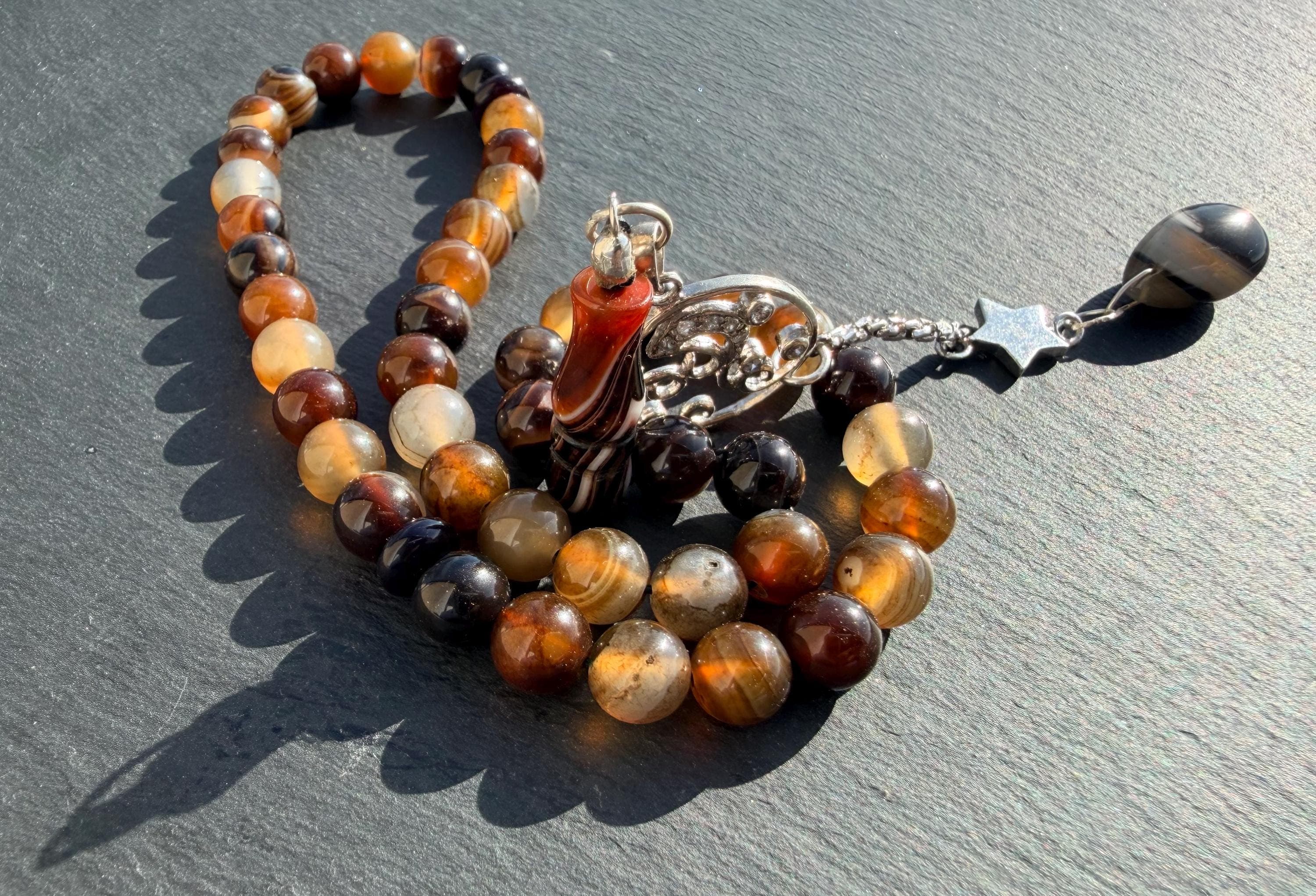 Natural Agate Tasbih, 925 Sterling silver Tassel, striped Aqeeq gemstone