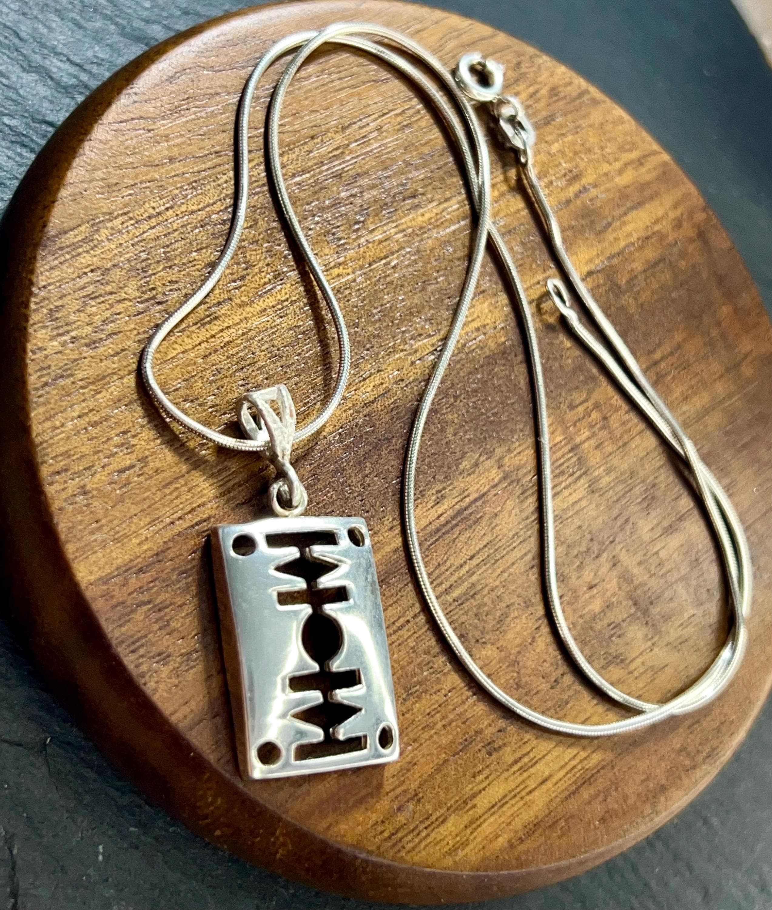 Vintage Razor Blade Pendant Necklace, 925 Sterling Silver, ca. 1970s, snake chain