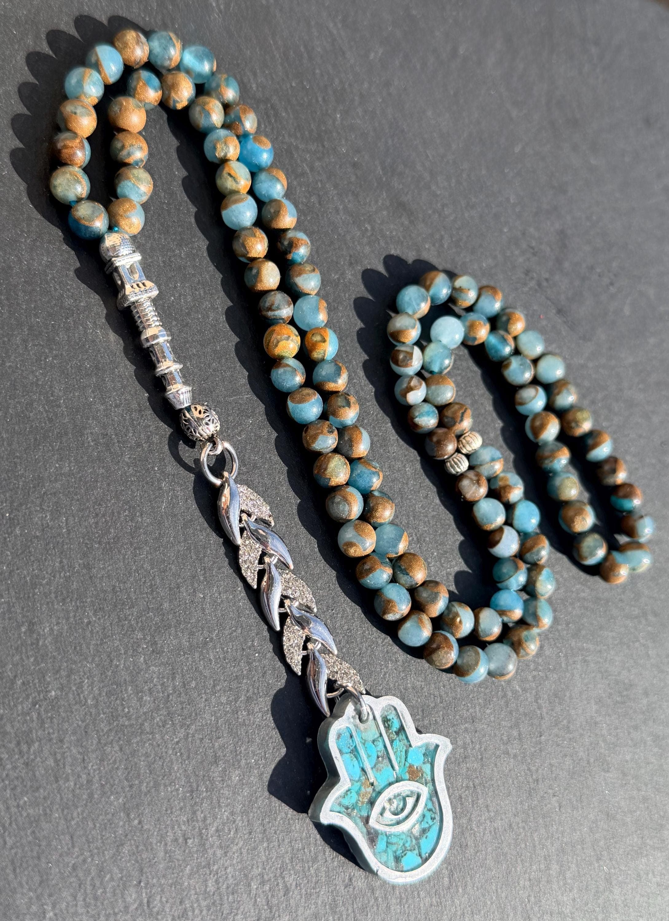 Turquoise pendant in Tasbih 99, bluestone with Hamsa, Islamic Misbaha, throat chakra energy