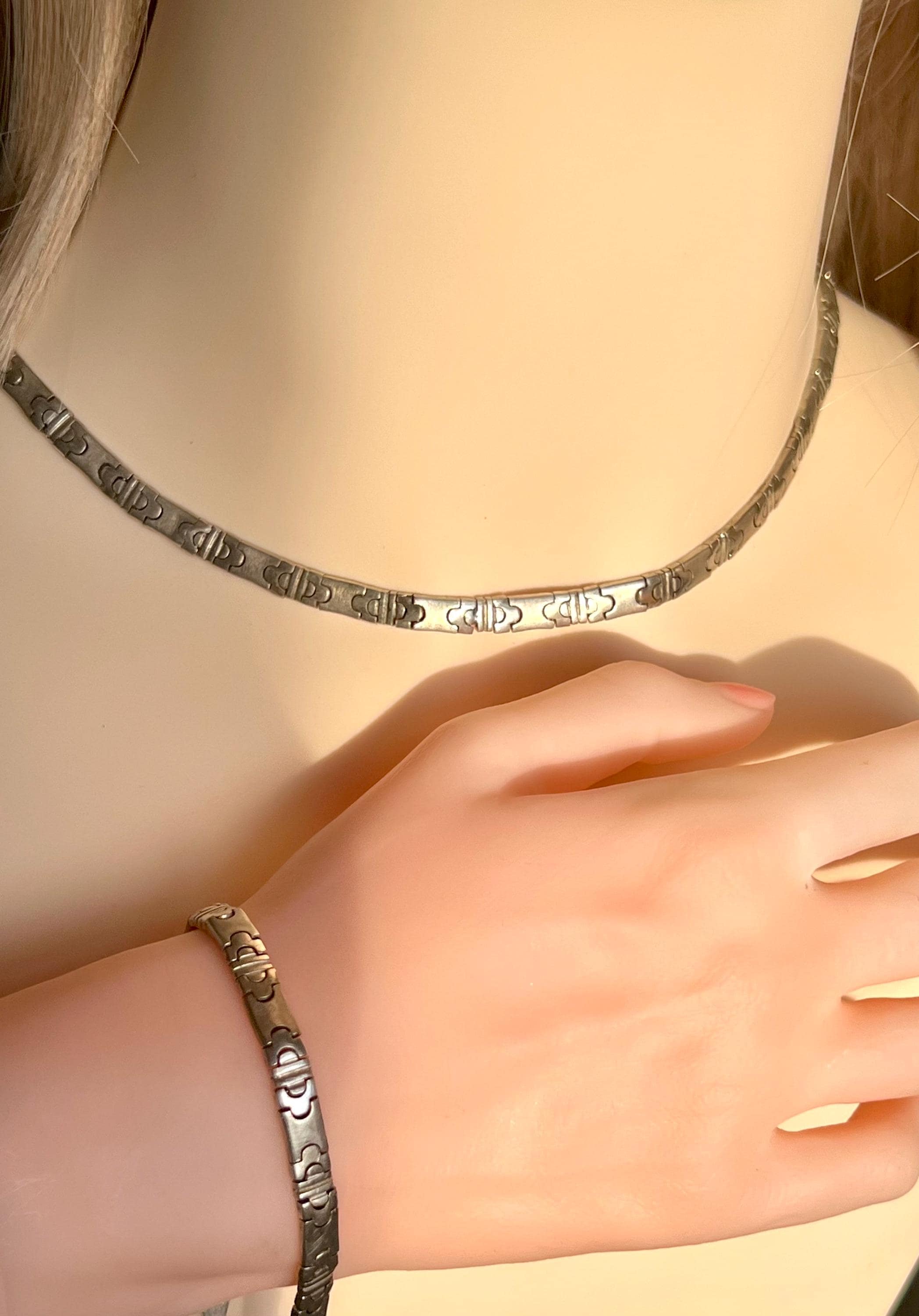 Vintage 925 Silver Link Chain Set, Necklace & Bracelet, Solid Sterling Silver, ca. 1980s–1990s