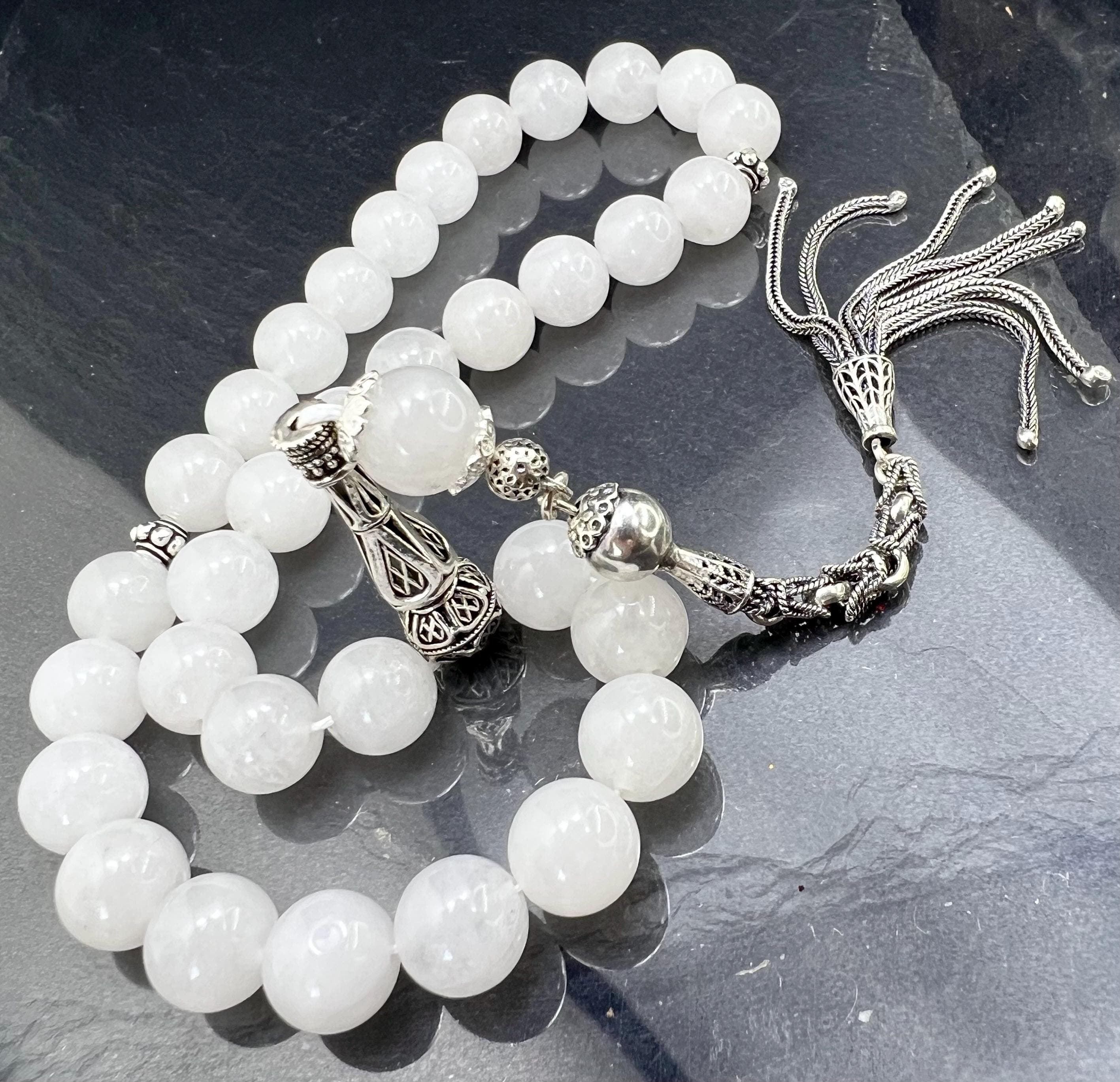 White Jade Tasbih 925s Silver Tassel Elegant & Peaceful Sibaha