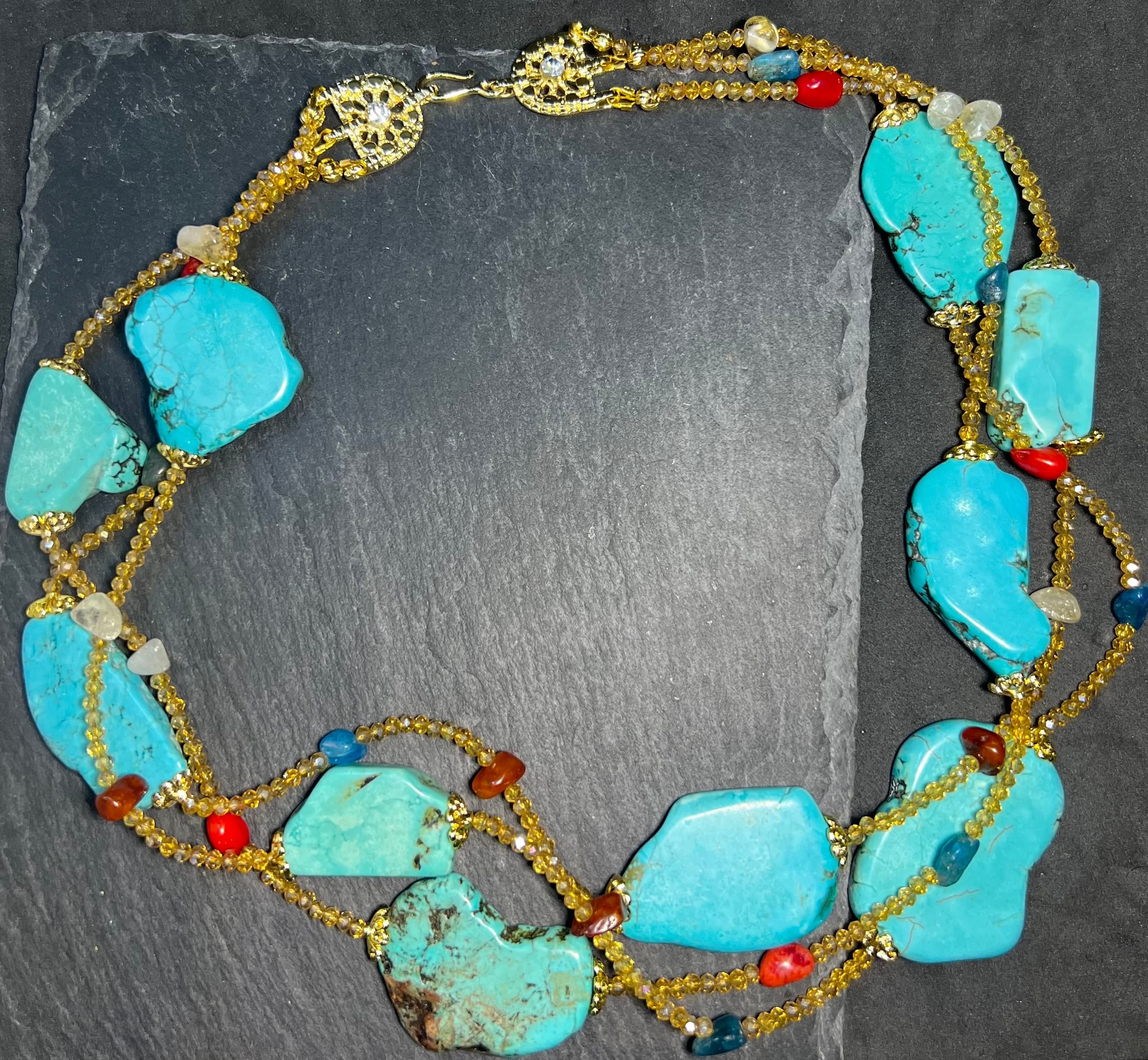 Turquoise Howlite festoon Necklace, from natural stone, triple strand, for throat chakra meditation energy