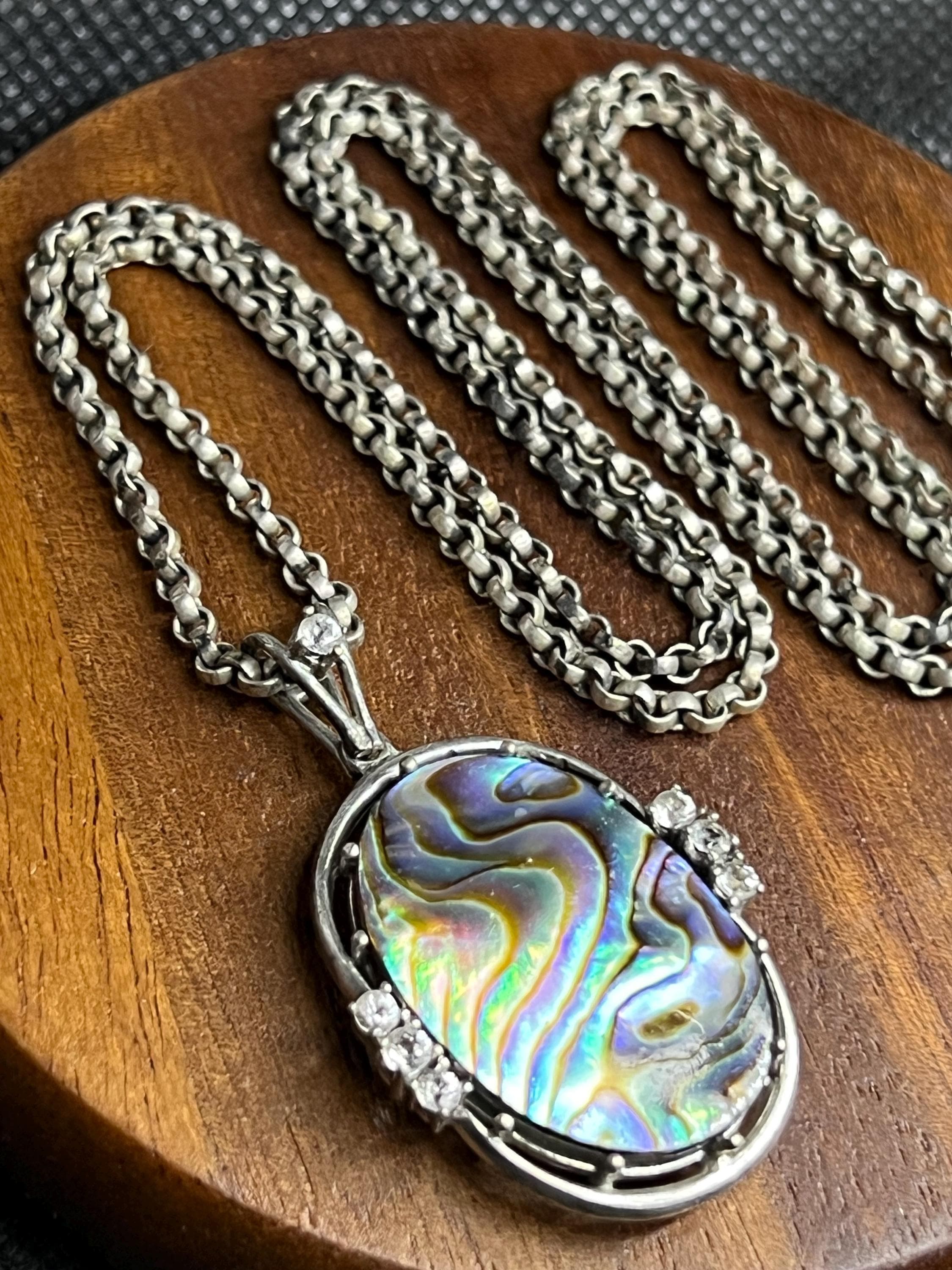 Vintage Abalone Necklace, 835 Silver, Gray-Toned Chain, Natural Shell Pendant, Elegant Classic Design