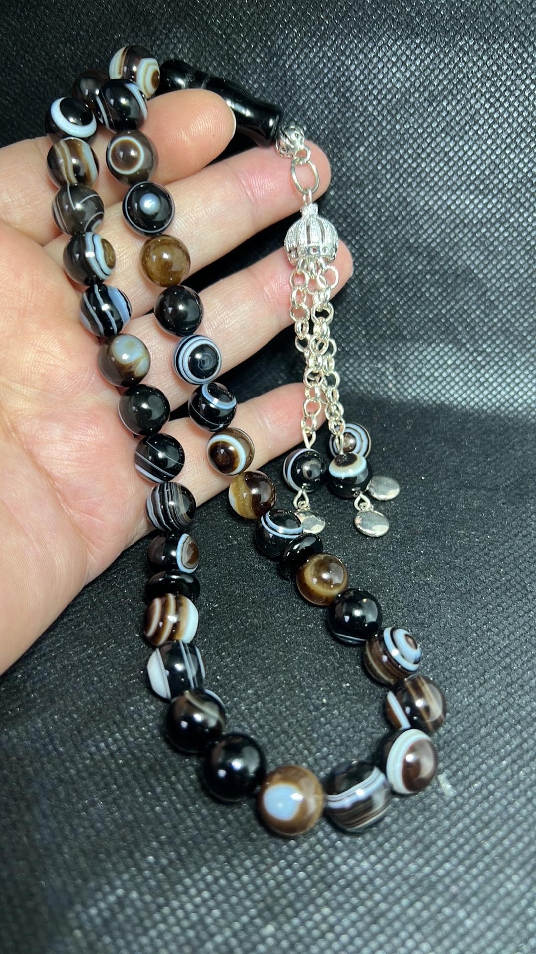 Natural Sulemani Jazaa black Agate Tasbih, 10mm beads, root chakra energy, akik tesbih, aqeeq Misbaha, silver plated tassel, Islamic gift.