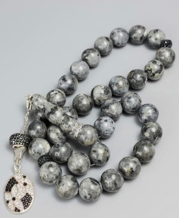 Massive Labradorite Tasbih: 925S Silver Black and silver artistic tassel, Islamic Prayer Beads