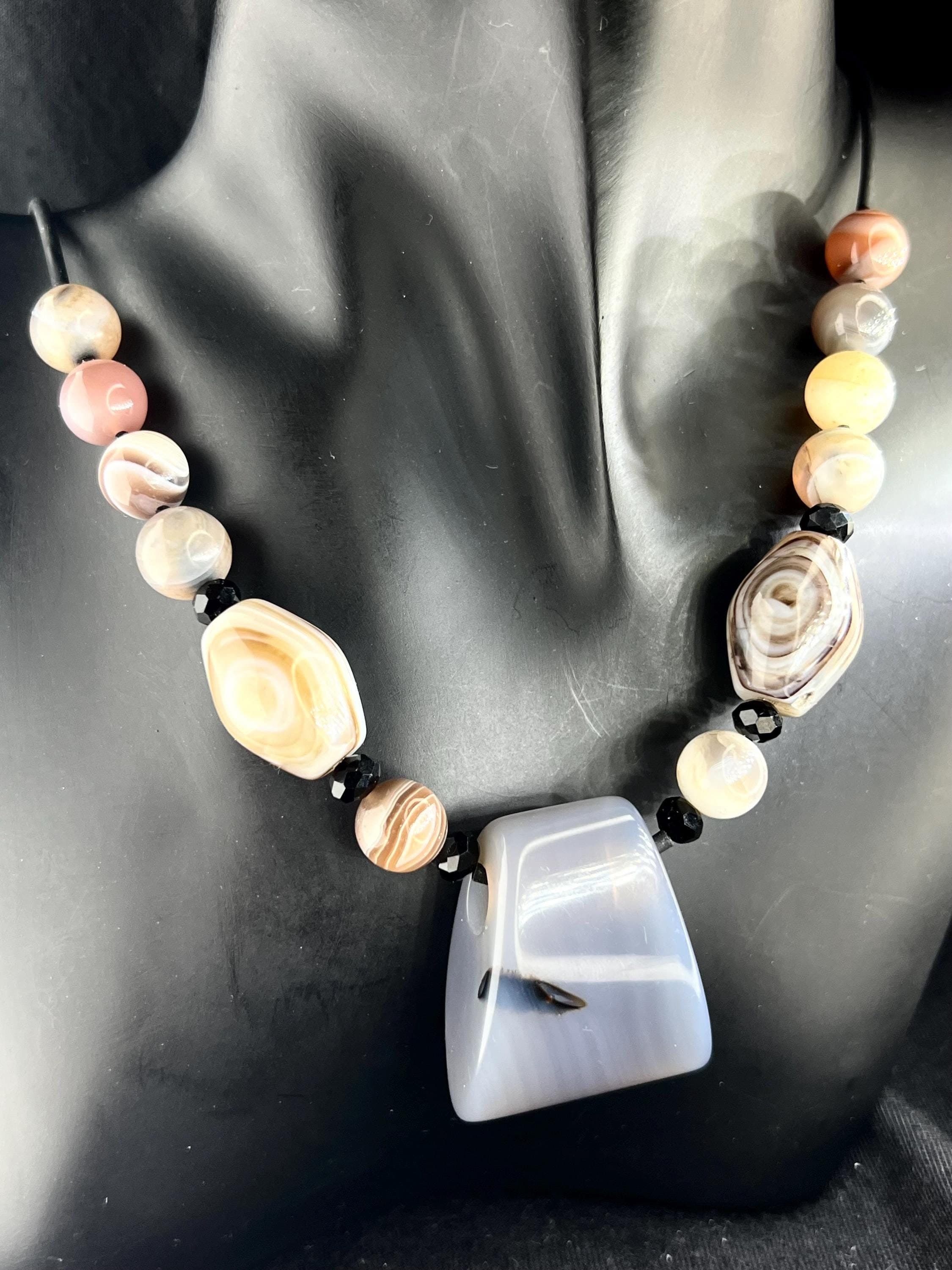 Natural Agate Necklace: Botswana & Sulemani Beads, Root Chakra Jewelry