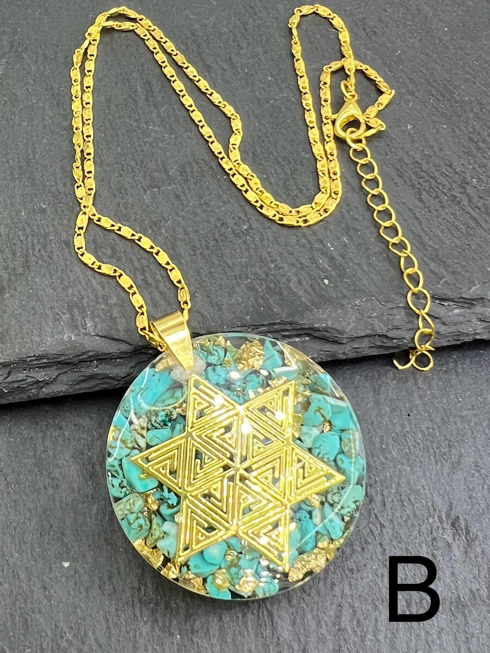 Pendant Necklace, Resin & Natural Turquoise, Hexagonal David Star Geometry, Gold Leaf Inlay
