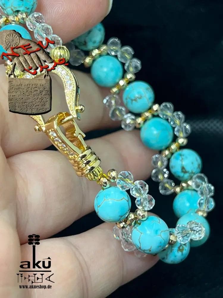 Blue Howlite Bracelet, Natural Asian turquoise Stone, Brass Gold-Plated Shiny Clasp