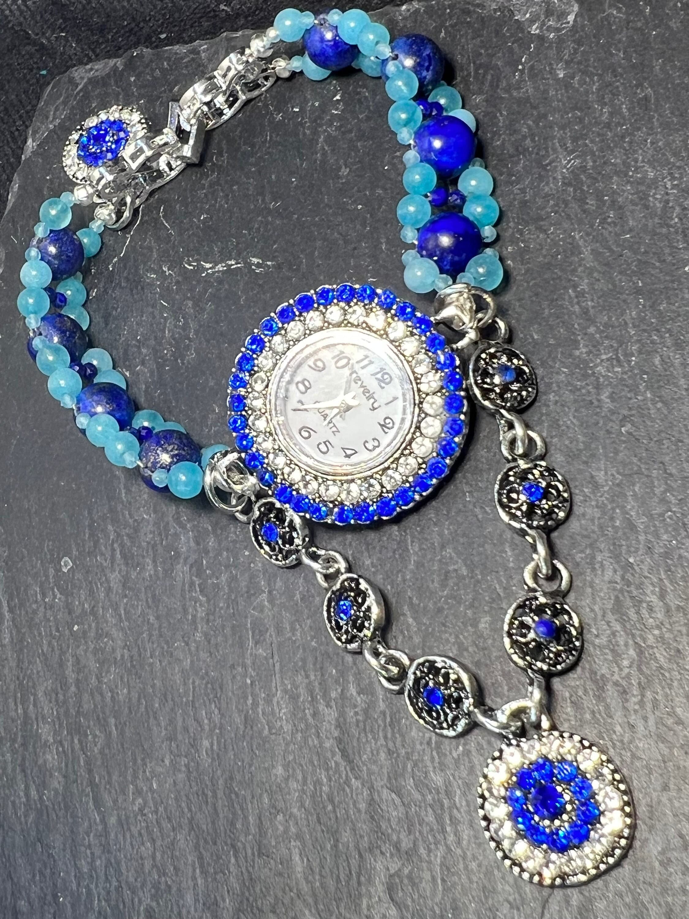 blue gemstones watch bracelet lapis lazuli apatite edelsteine Uhrchen watch strap