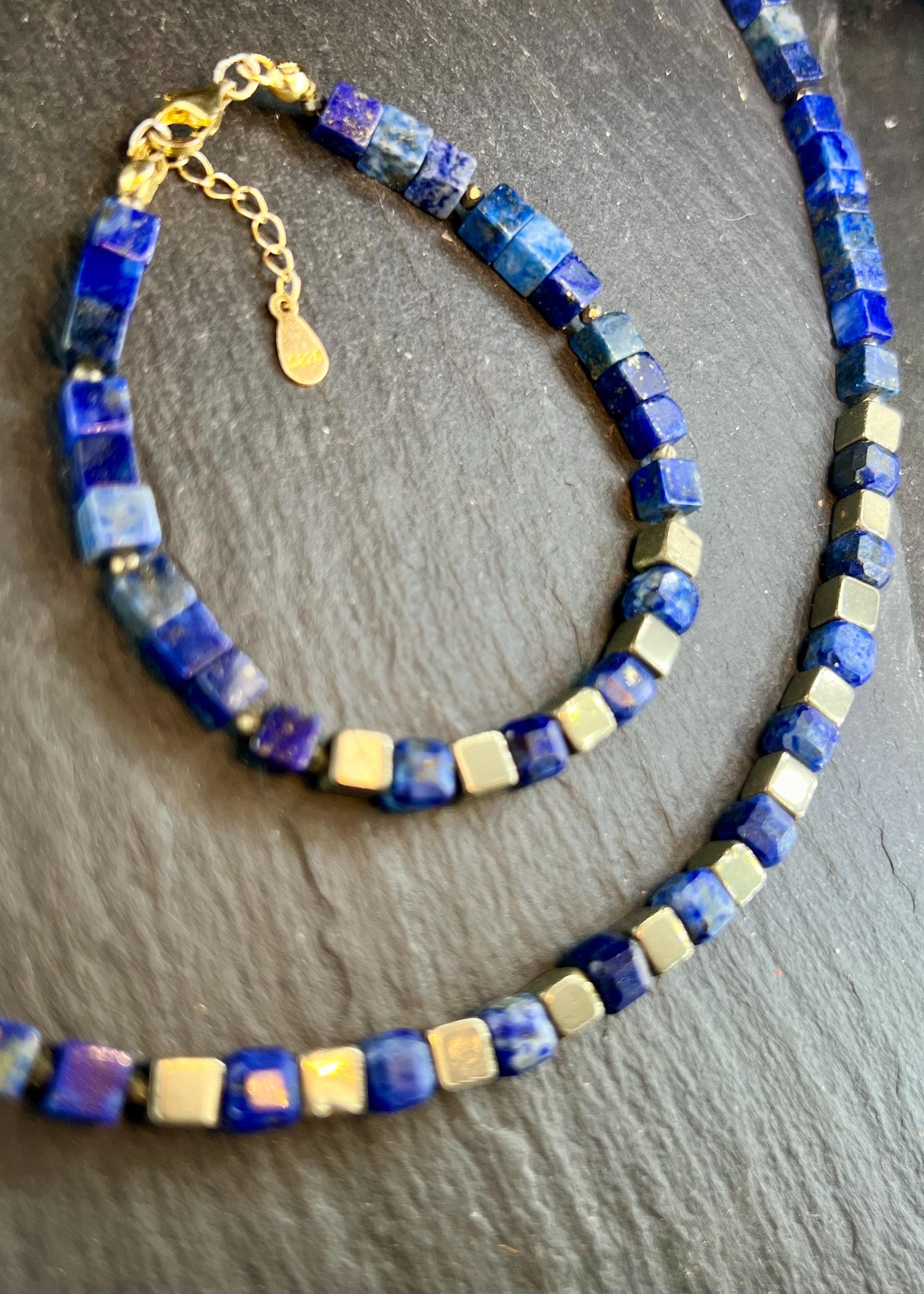 Lapislazuli Halskette Und Armband, Natürliches Edelstein, Schmuckset, 925Er Silber Vergoldet