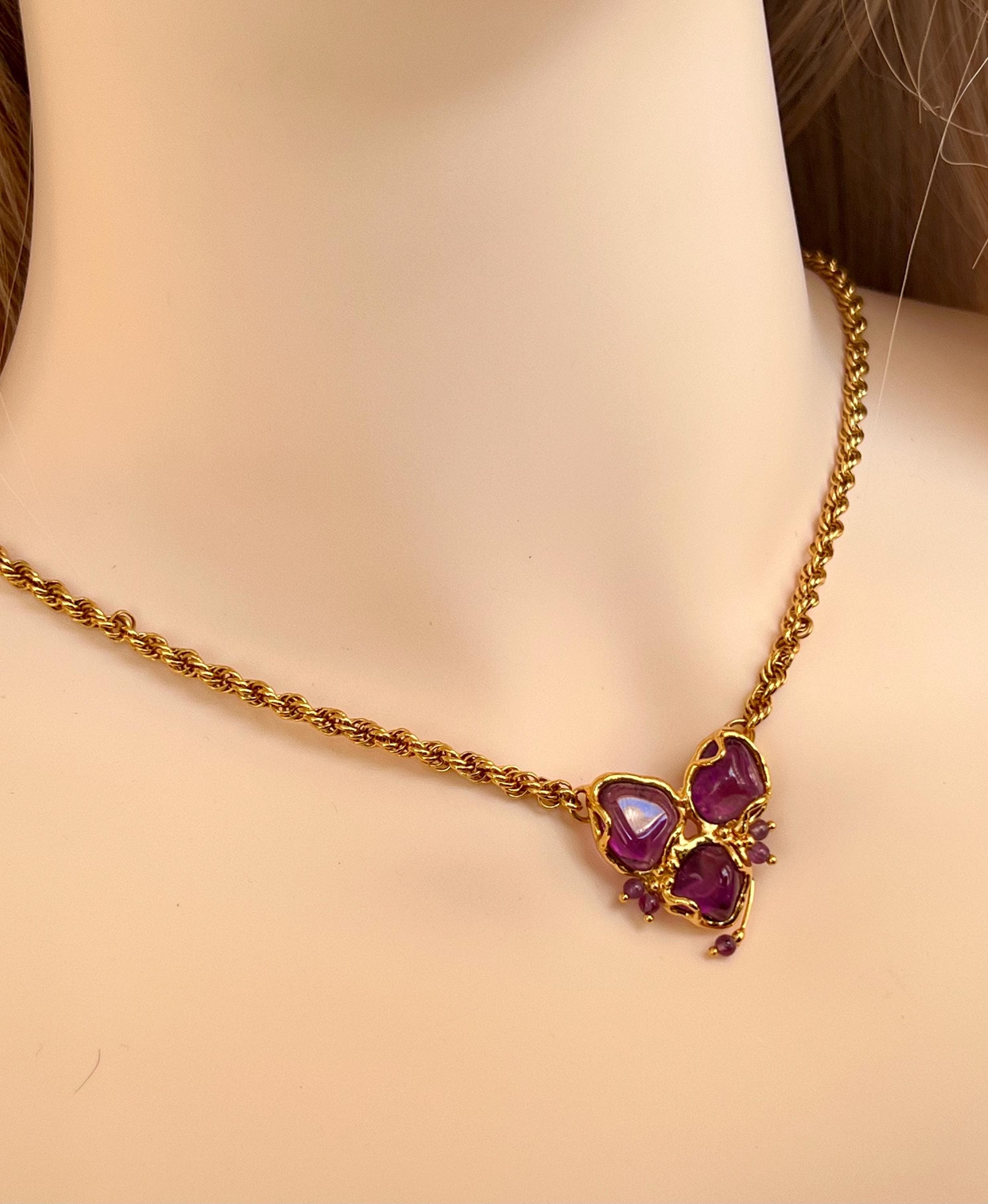 Vintage 1990s Amethyst Necklace, Natural Purple Stones, Gold-Tone Thick Chain, Feminine Organic Design