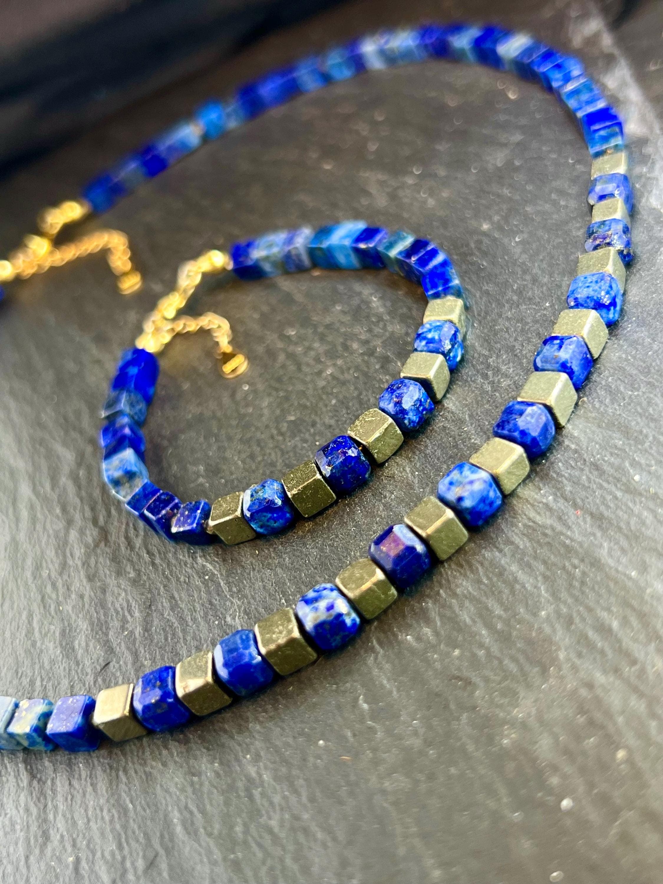 Lapislazuli Halskette Und Armband, Natürliches Edelstein, Schmuckset, 925Er Silber Vergoldet