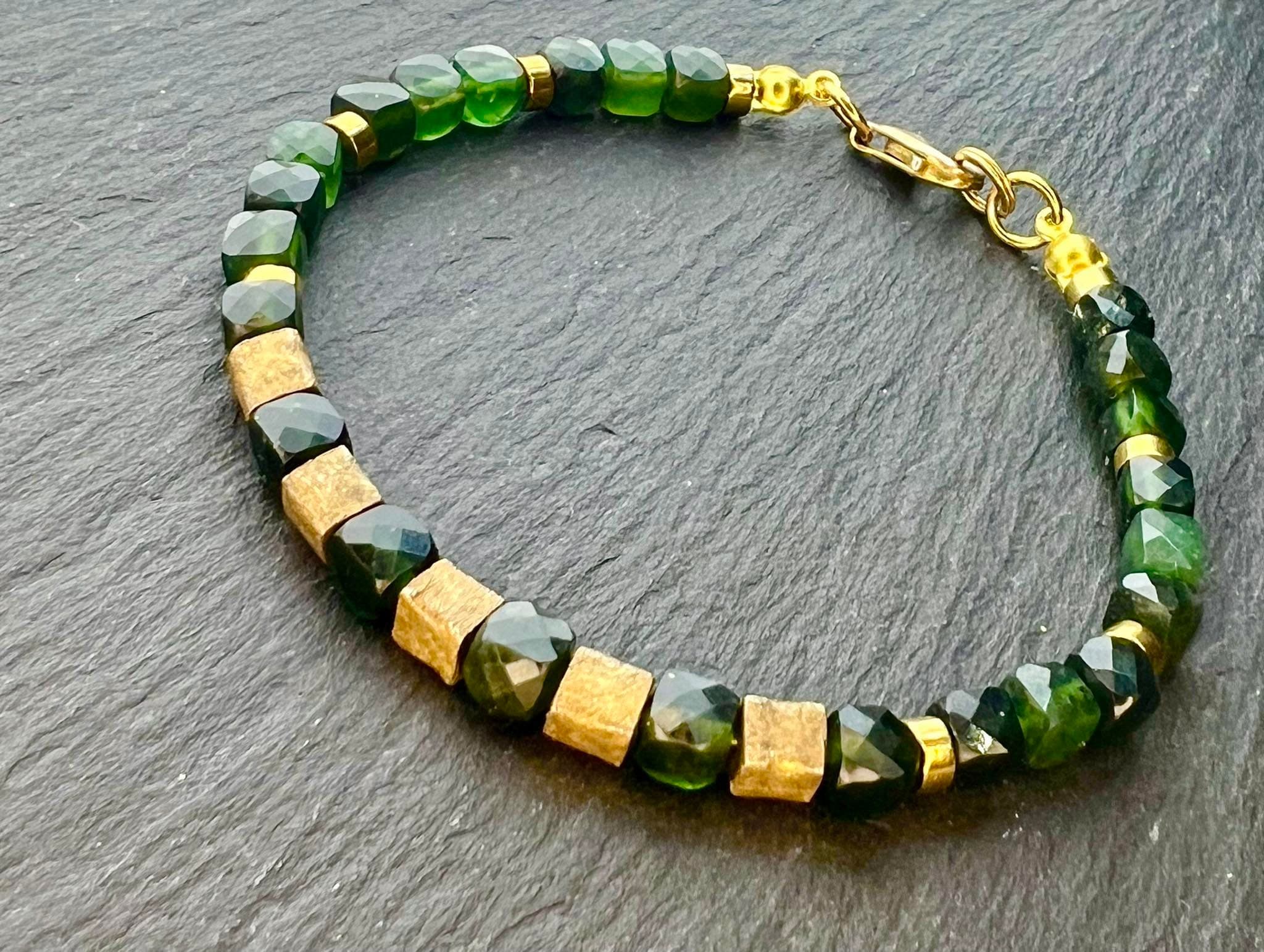 Handmade Green Jade Bracelet: Bronze Cube Beads, Heart Chakra