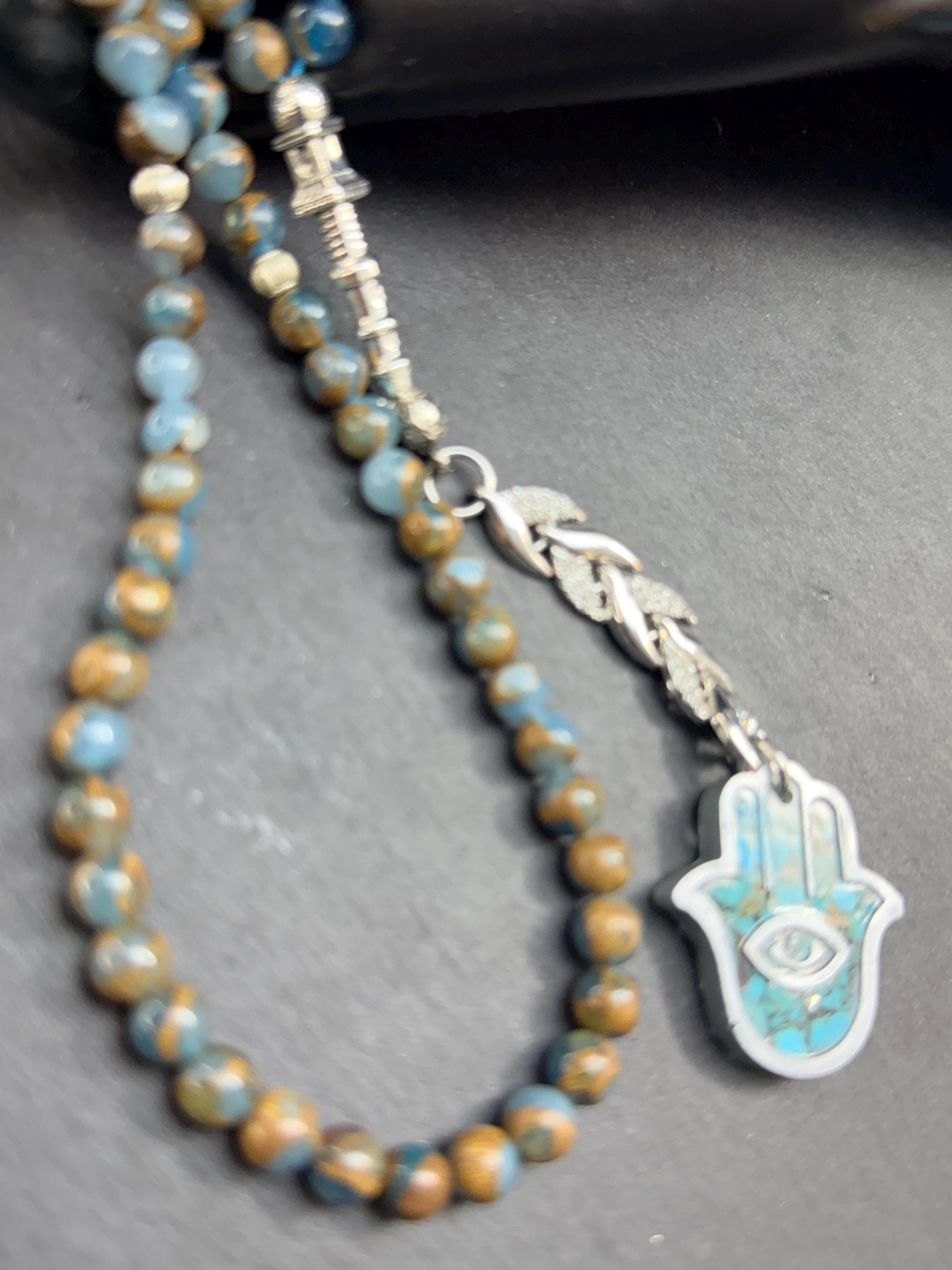Turquoise pendant in Tasbih 99, bluestone with Hamsa, Islamic Misbaha, throat chakra energy