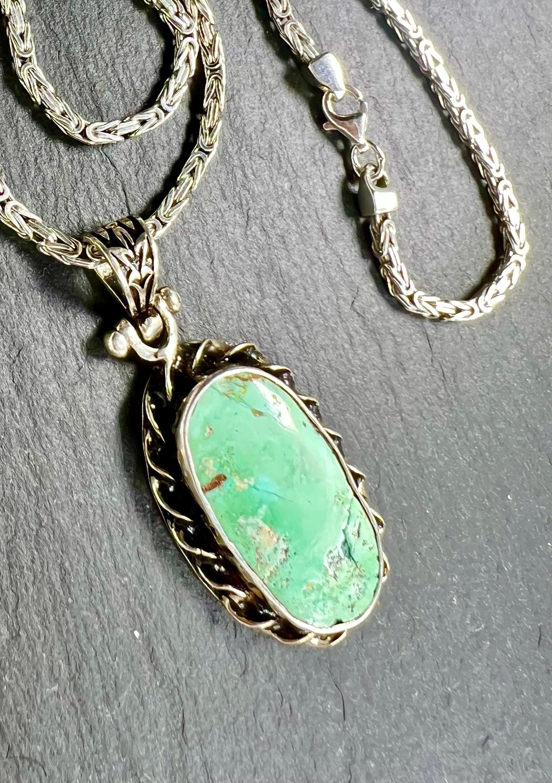 Vintage Turquoise Pendant Necklace: Sterling Silver Byzantine Chain