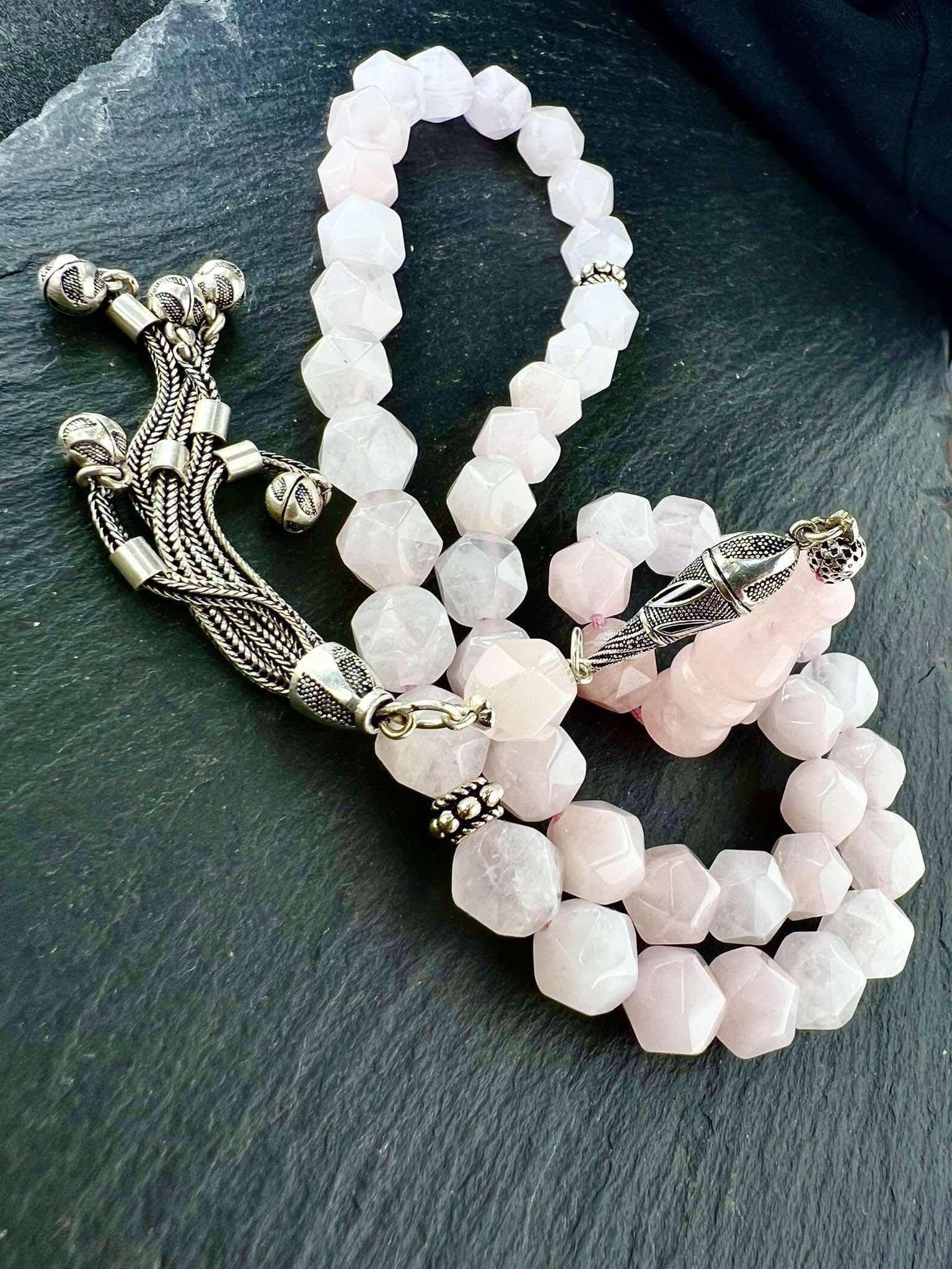 Rose Quartz Tasbih: Sterling Silver Tassel, Islamic Prayer Beads