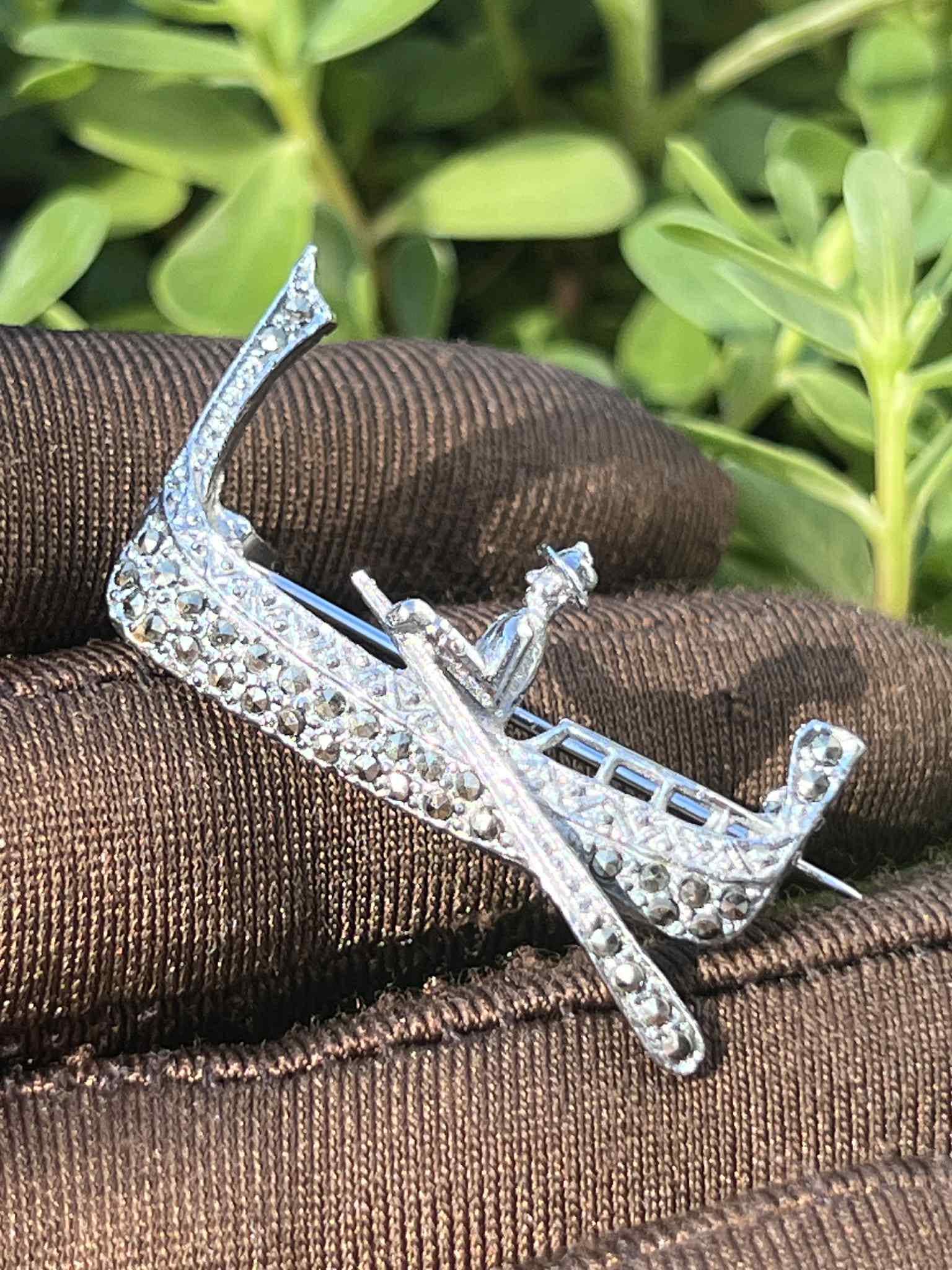 Vintage Gondola Brooch 1990s with Natural Marcasite Stones