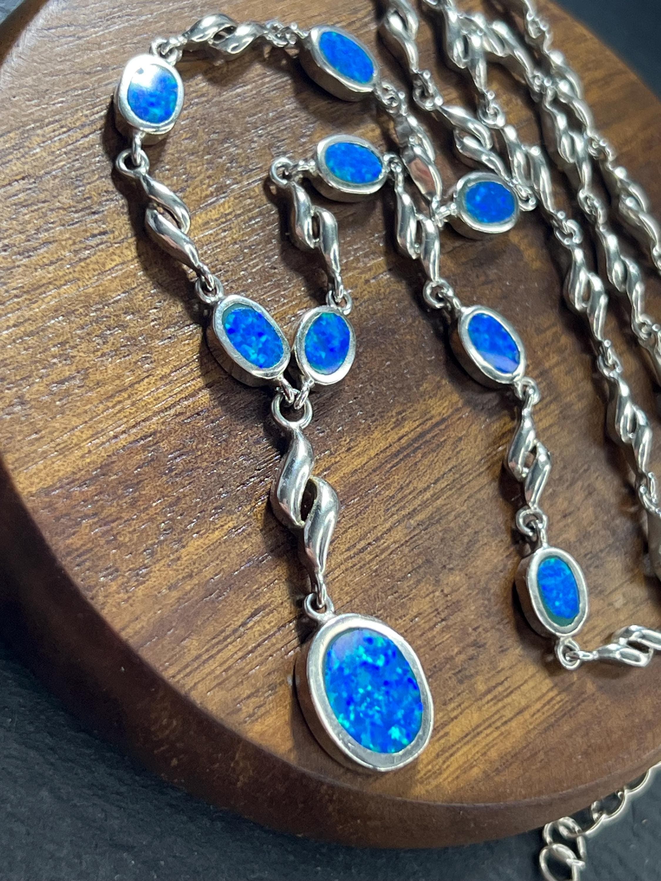 Vintage Y-Necklace, 1980s, Synthetic Blue Opal, 925 Sterling Silver, Elegant Statement Piece