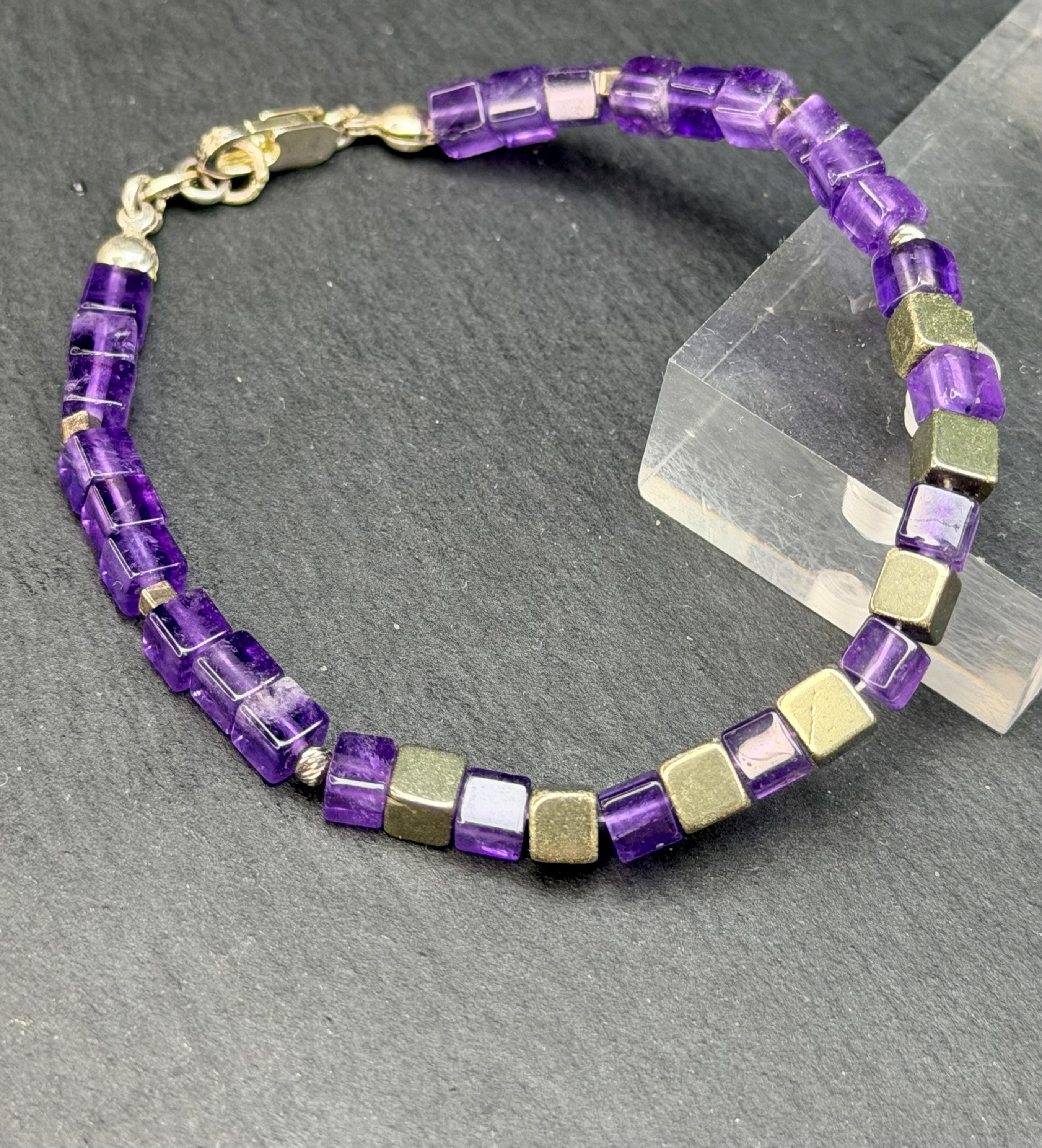 Amethyst and Pyrite Beaded Bracelet, Crown Chakra Energy Healing energy