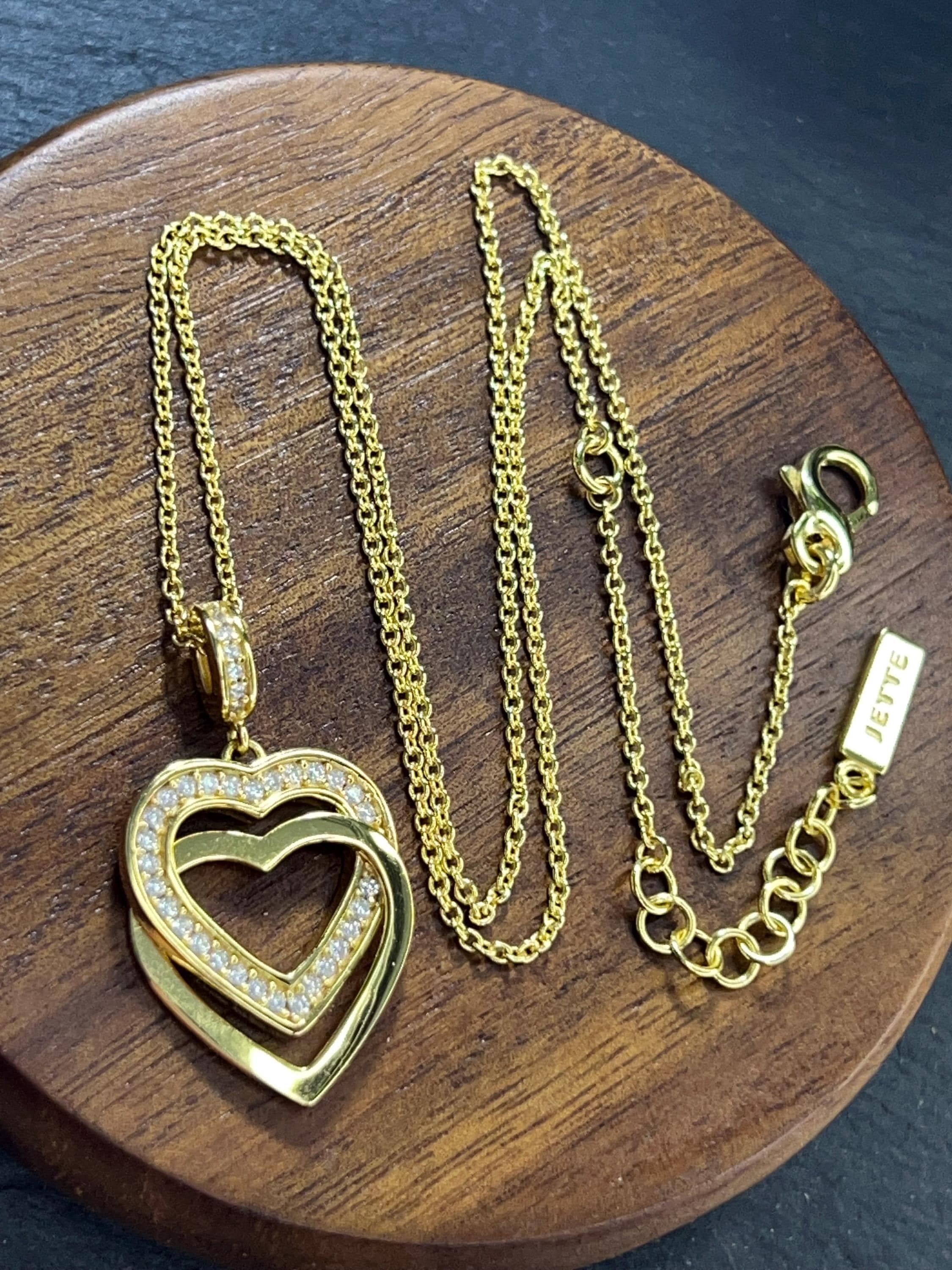Designer Vintage Necklace by JETTE, 925 Silver, Gold-Plated, Double Heart Pendant with Cubic Zirconia