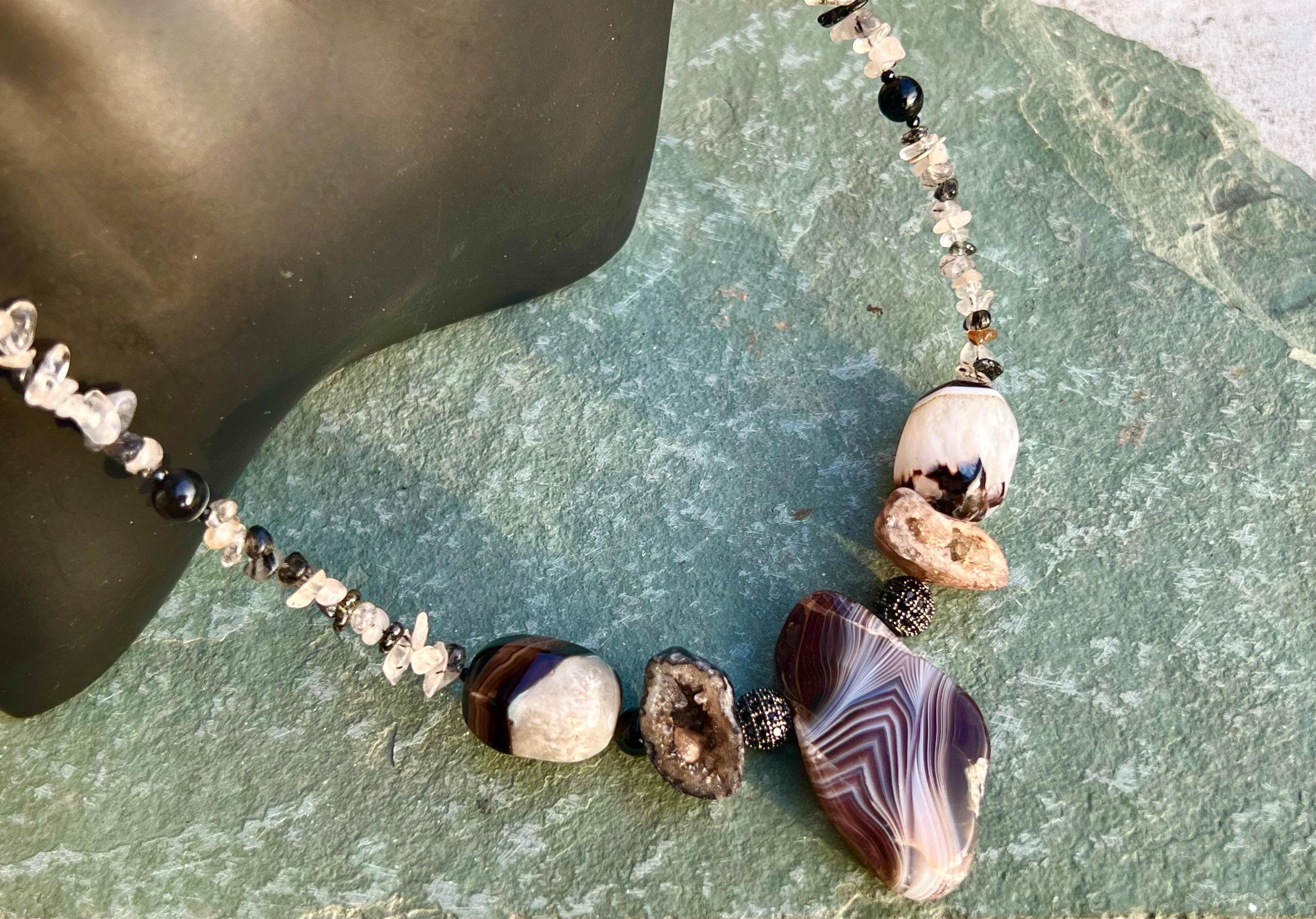Raw Agate Geode & Rutilated Quartz Necklace: Handmade Gemstone Jewellery