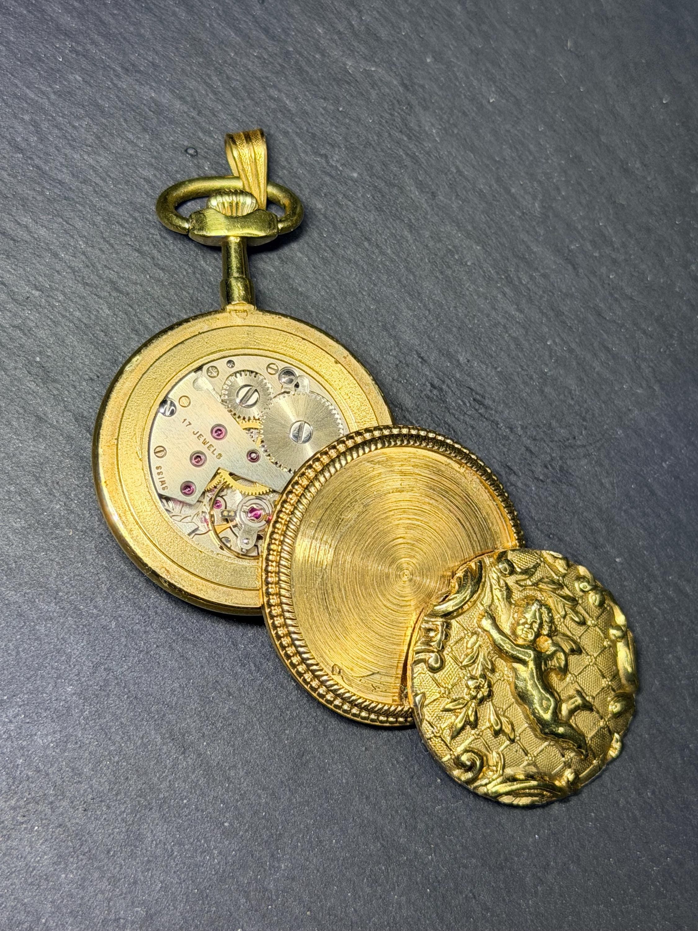 Uhlmann Geneve Gold Plated Angel Cherub Pendant Watch, Victorian Art Nouveau Style