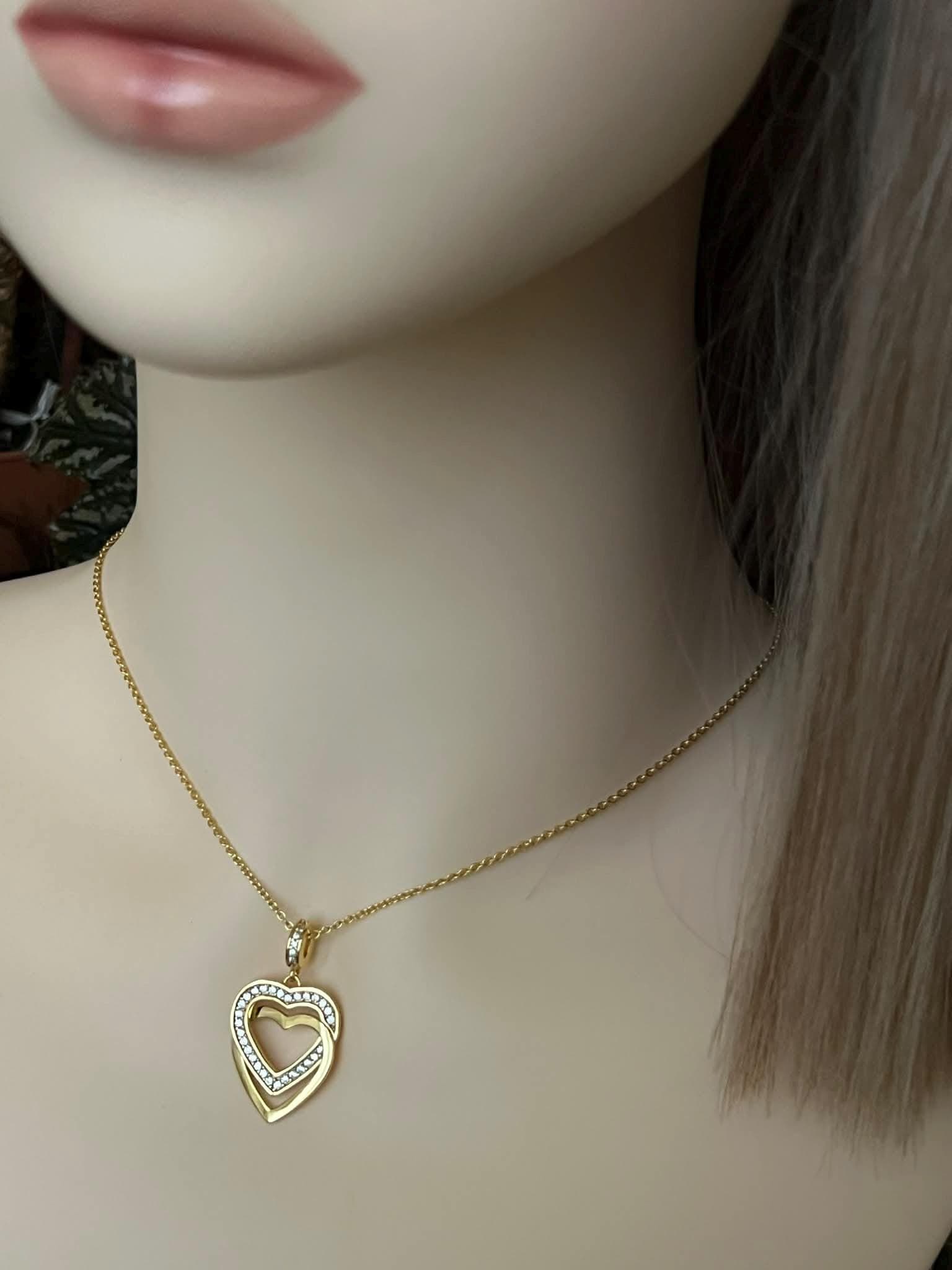 Designer Necklace by JETTE, 925 Sterling Silver, Gold-Plated, Double Heart Pendant with Cubic Zirconia
