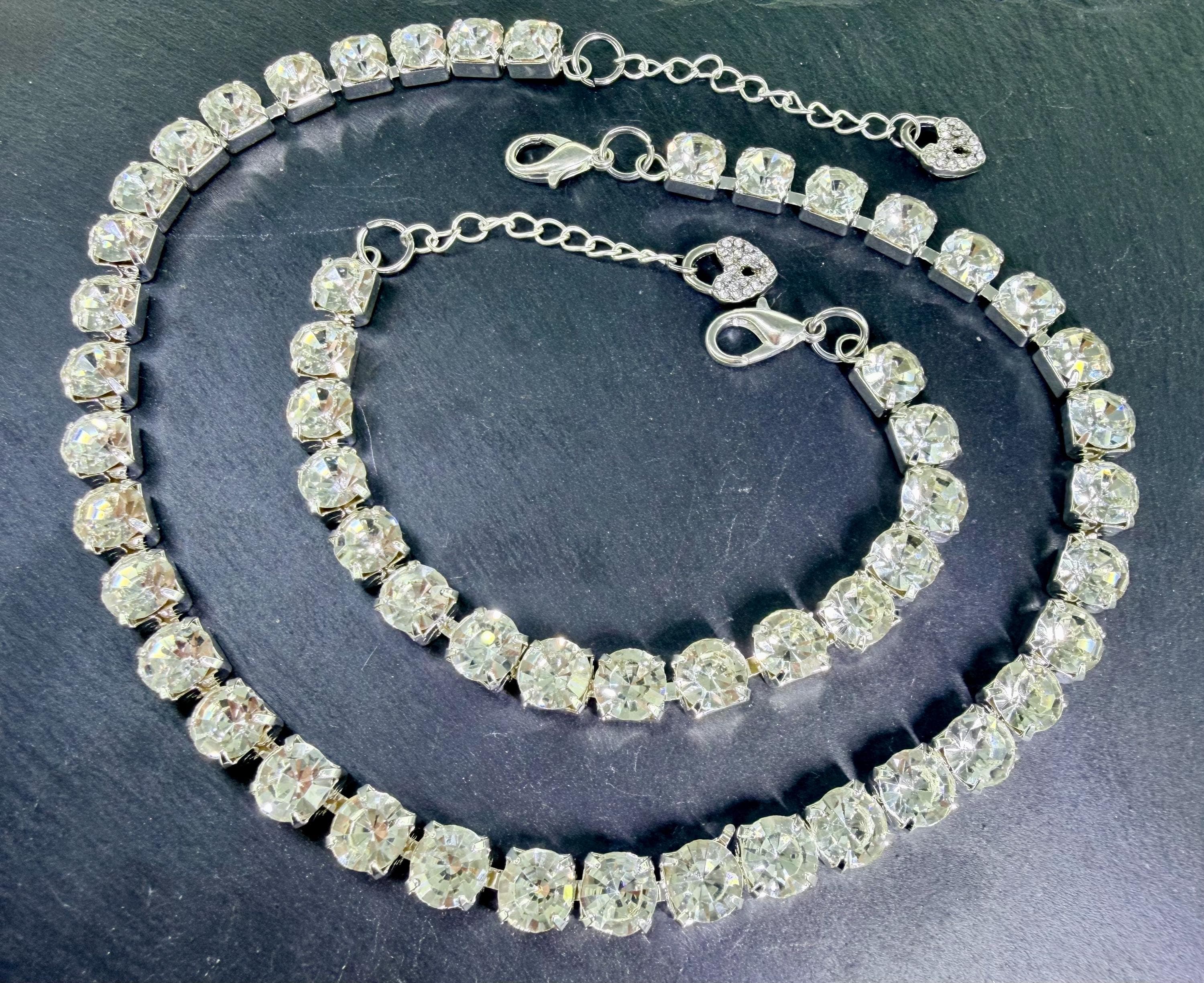 Shiny Rhinestone Tennis Bracelet & Necklace Set, Party Jewellery, Adjustable Length, Glam Accessories