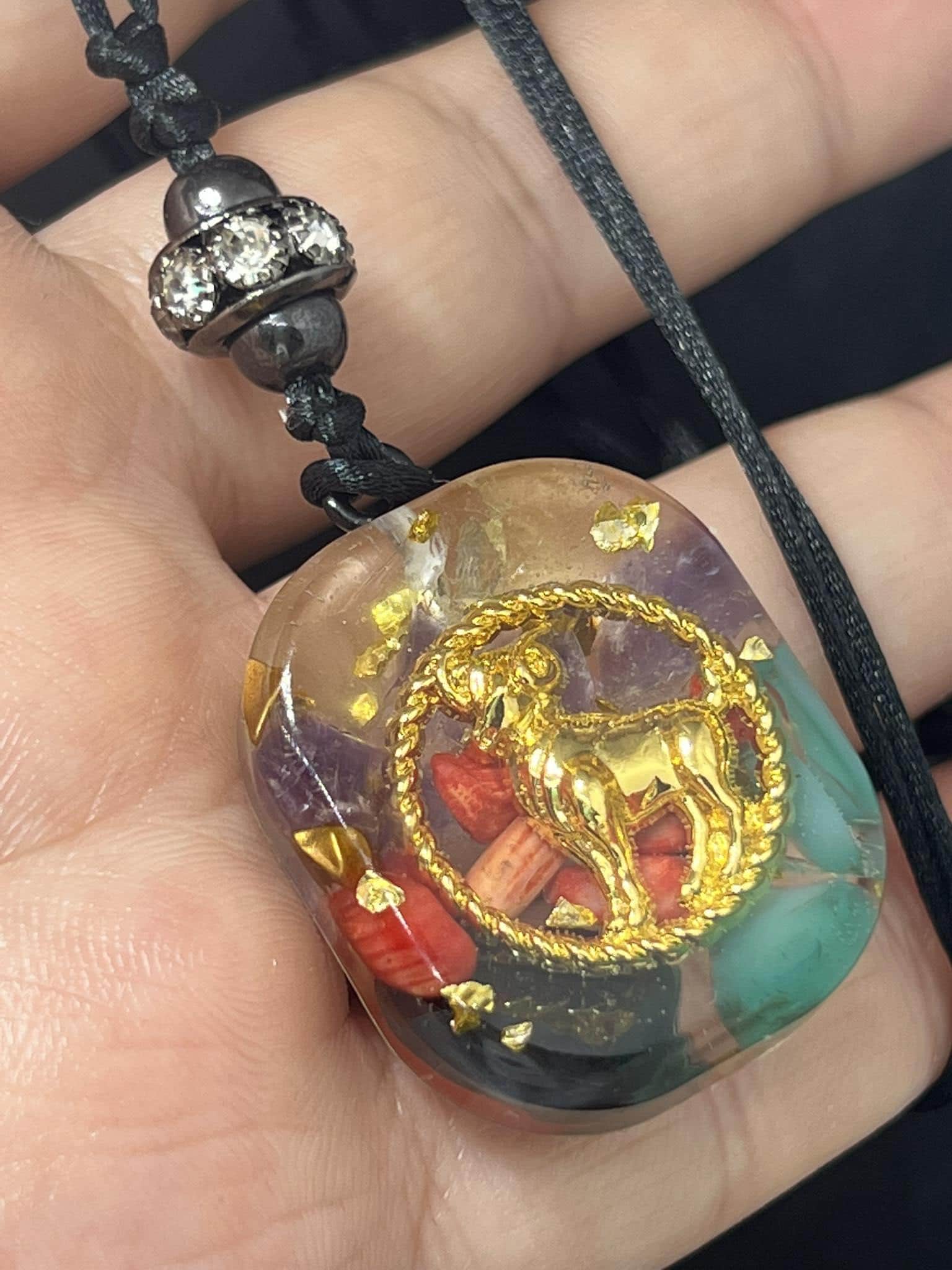 Handmade Resin Y- pendant Necklace, Aries Zodiac 7 chakras natural gemstones, adjustable necklace