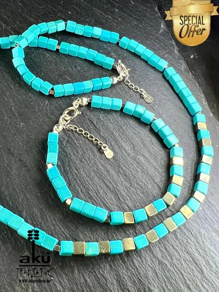 Blue Turquoise Howlite & Pyrite Jewelry Set 925 Silver Necklace Bracelet