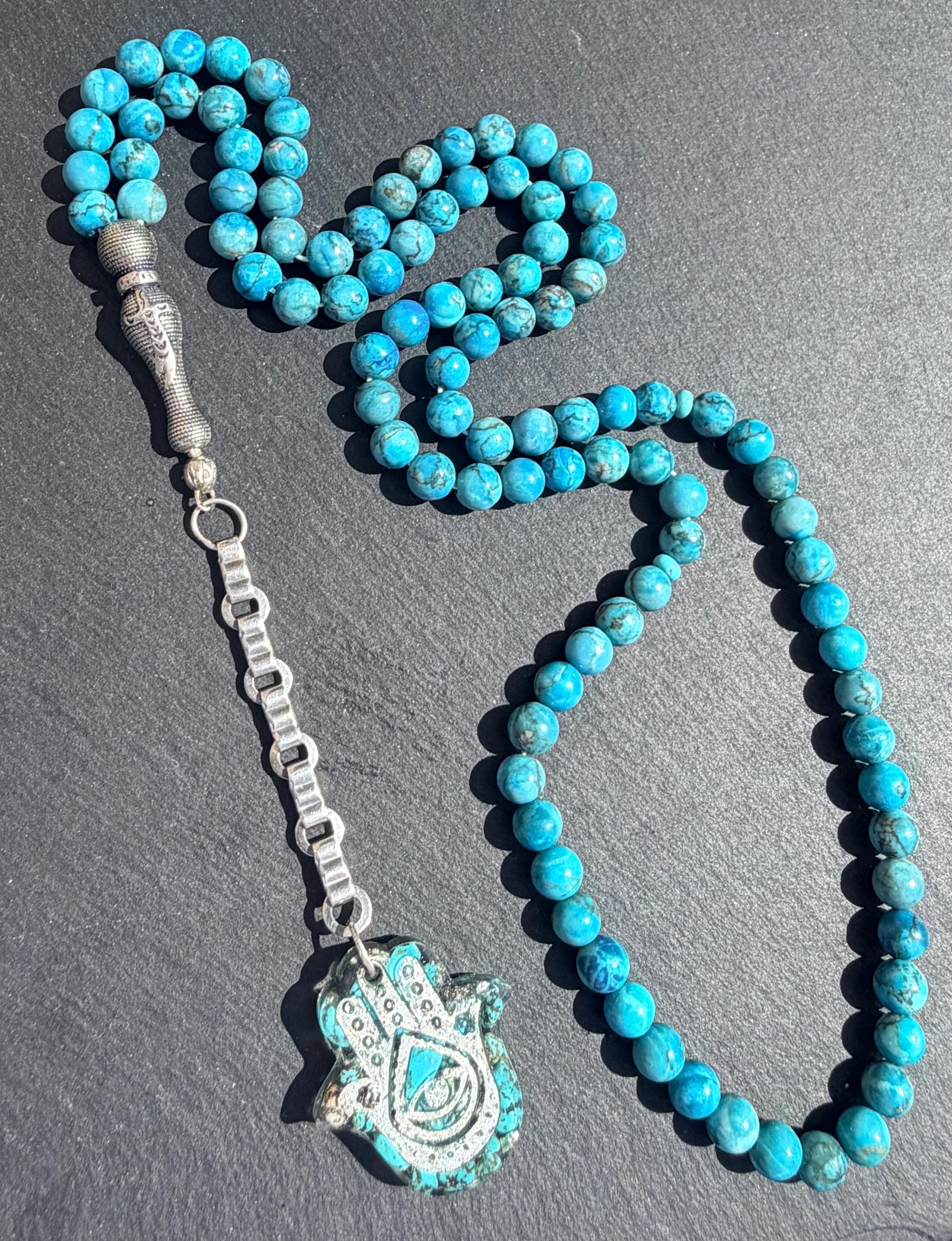 Turquoise Tasbih 99, natural south African Turquoise, throat chakra energy, Islamic ethnic Hamsa pendant