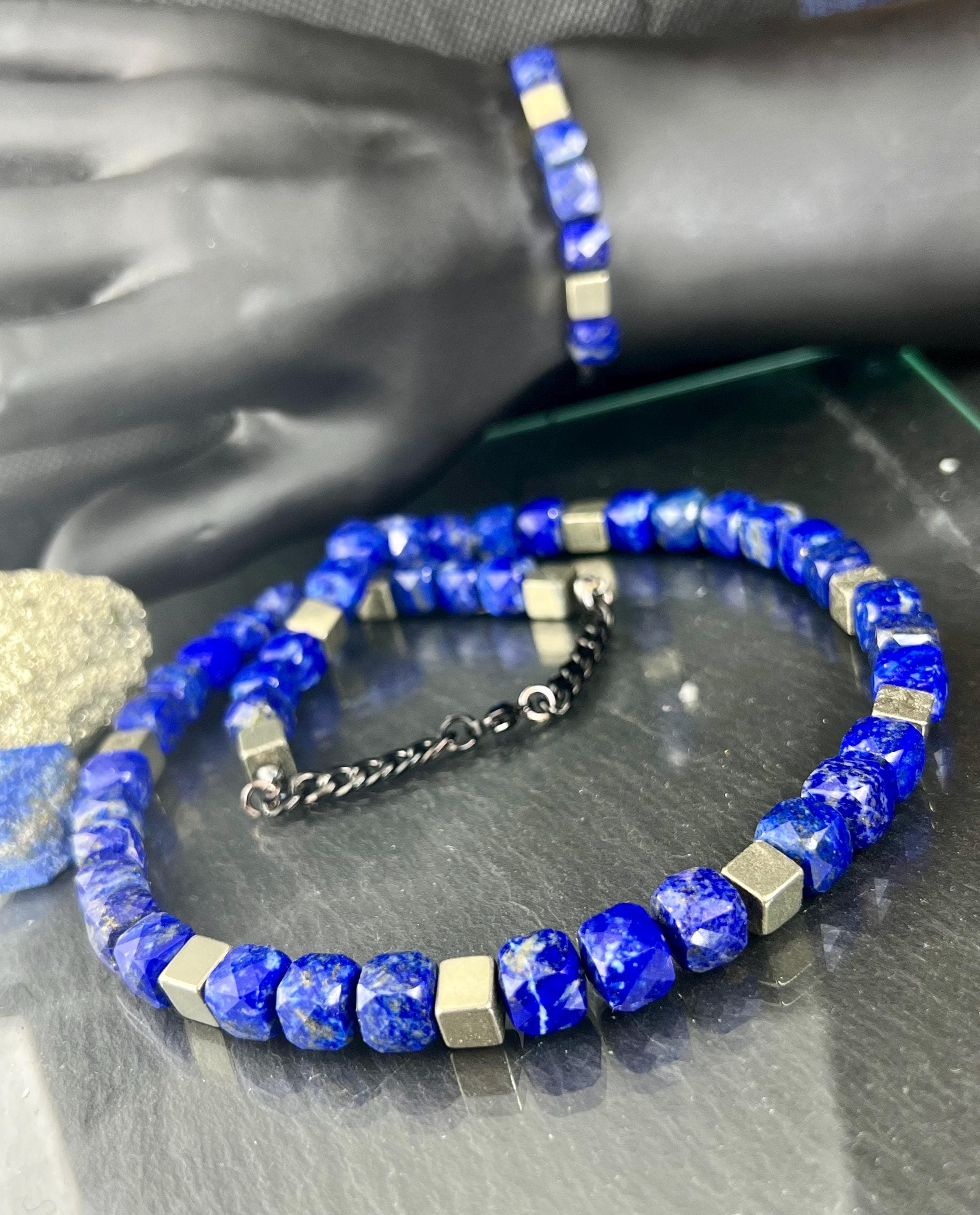Lapis Lazuli & Pyrite Necklace Bracelet Set: 925 Sterling Silver