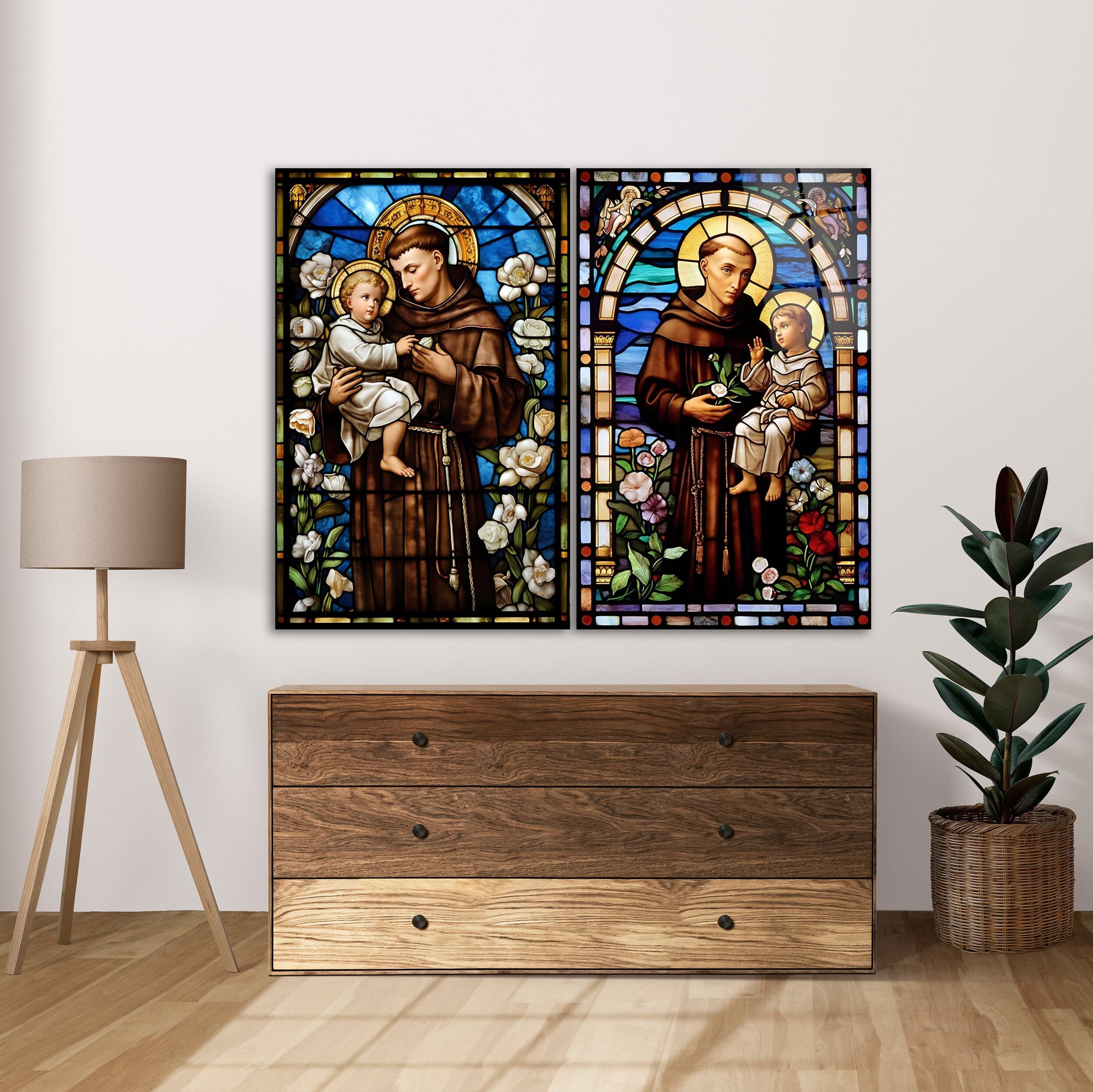 Saint Anthony of Padua Two Piece Glass Wall Art, Catholic Christian Tempered Glass Decor, Double Wall Art, New Home Gifts, Living Room Art