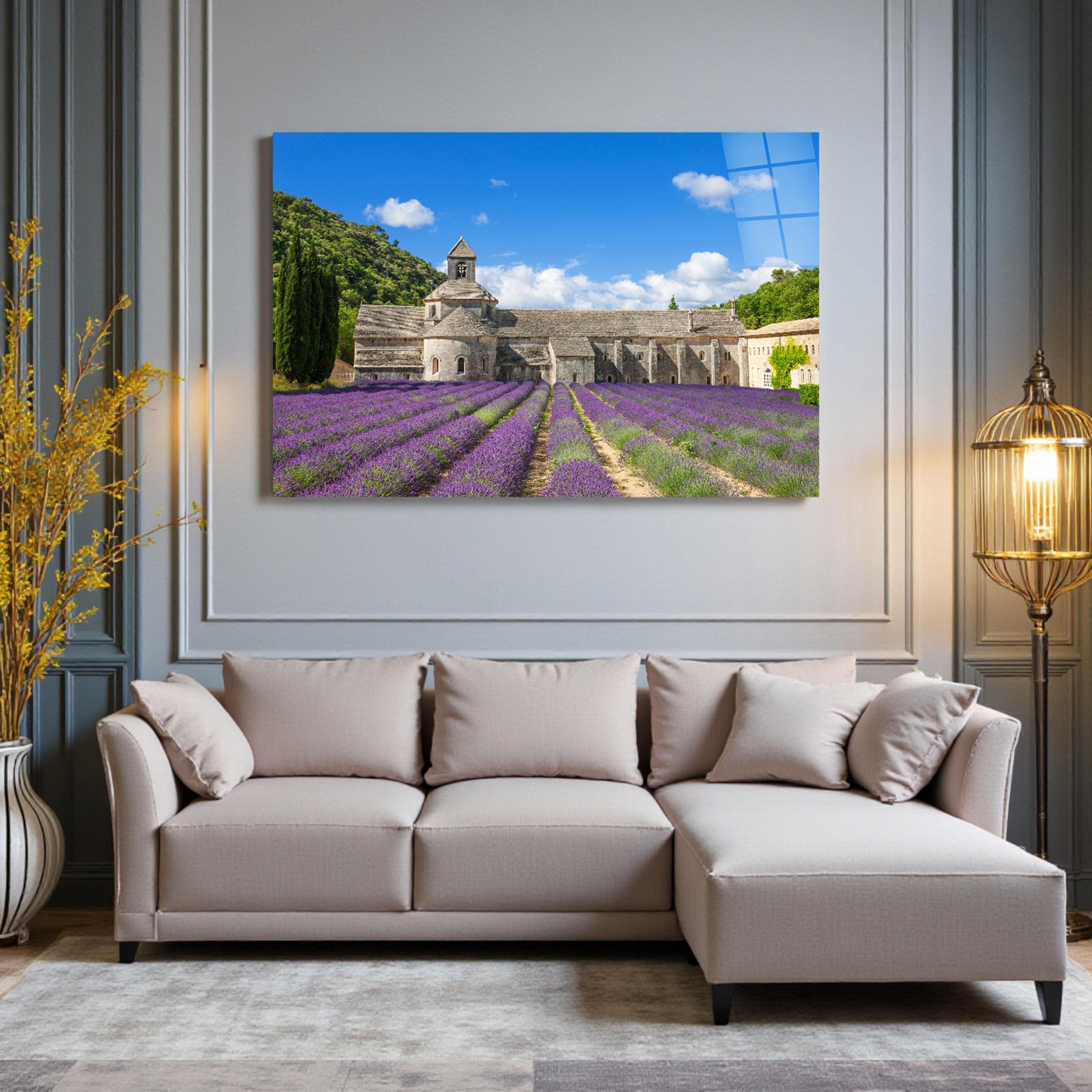 French Lavender Abbey Glass Wall Art, Provence Landscape Tempered Glass Decor, Living Room Art, New Home Gifts, Wall Hangings, Glass Print