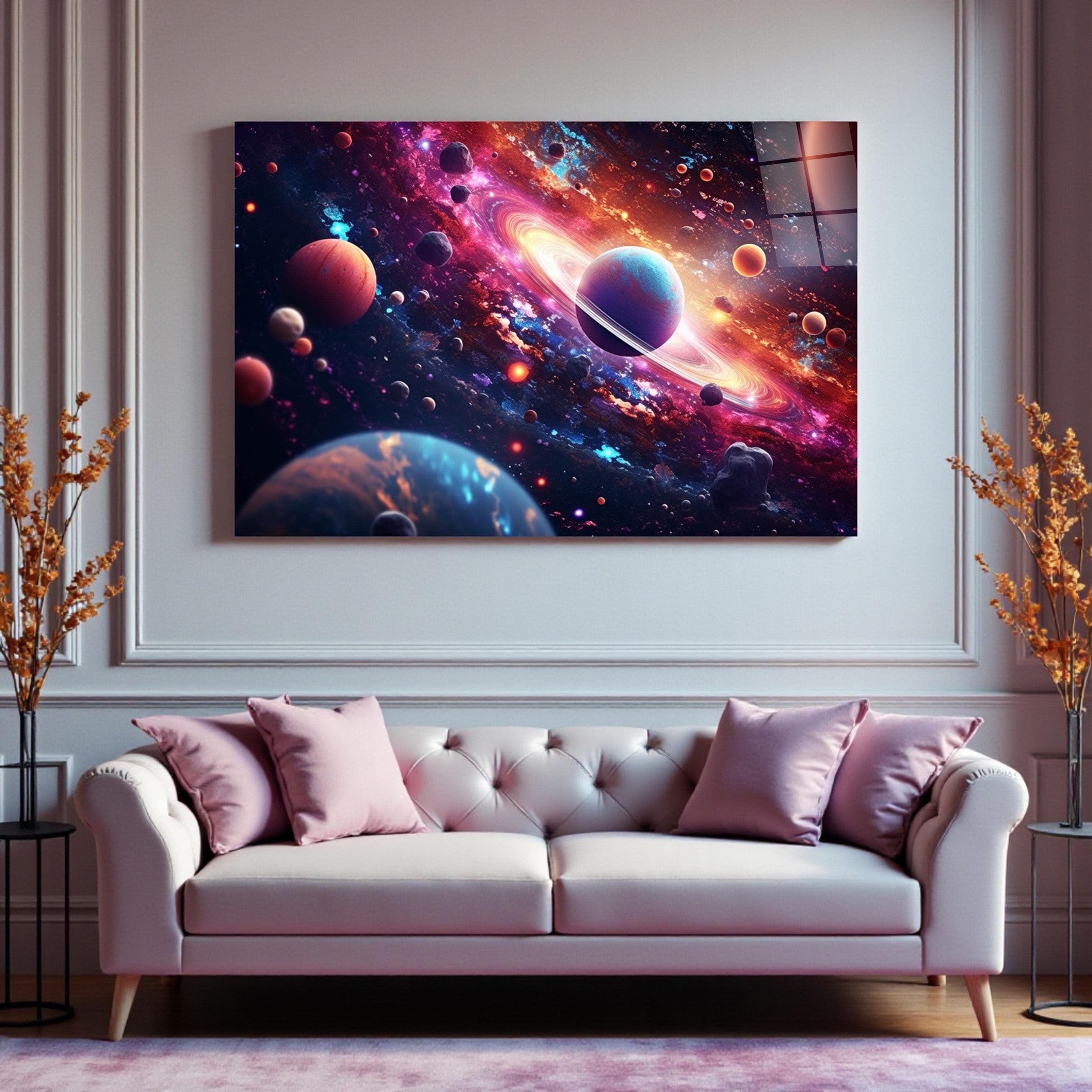 Cosmic Space Galaxy Glass Wall Art, Planets Tempered Glass Wall Decor, New Home Gifts, Living Room Art, Wall Hangings, Home Decor