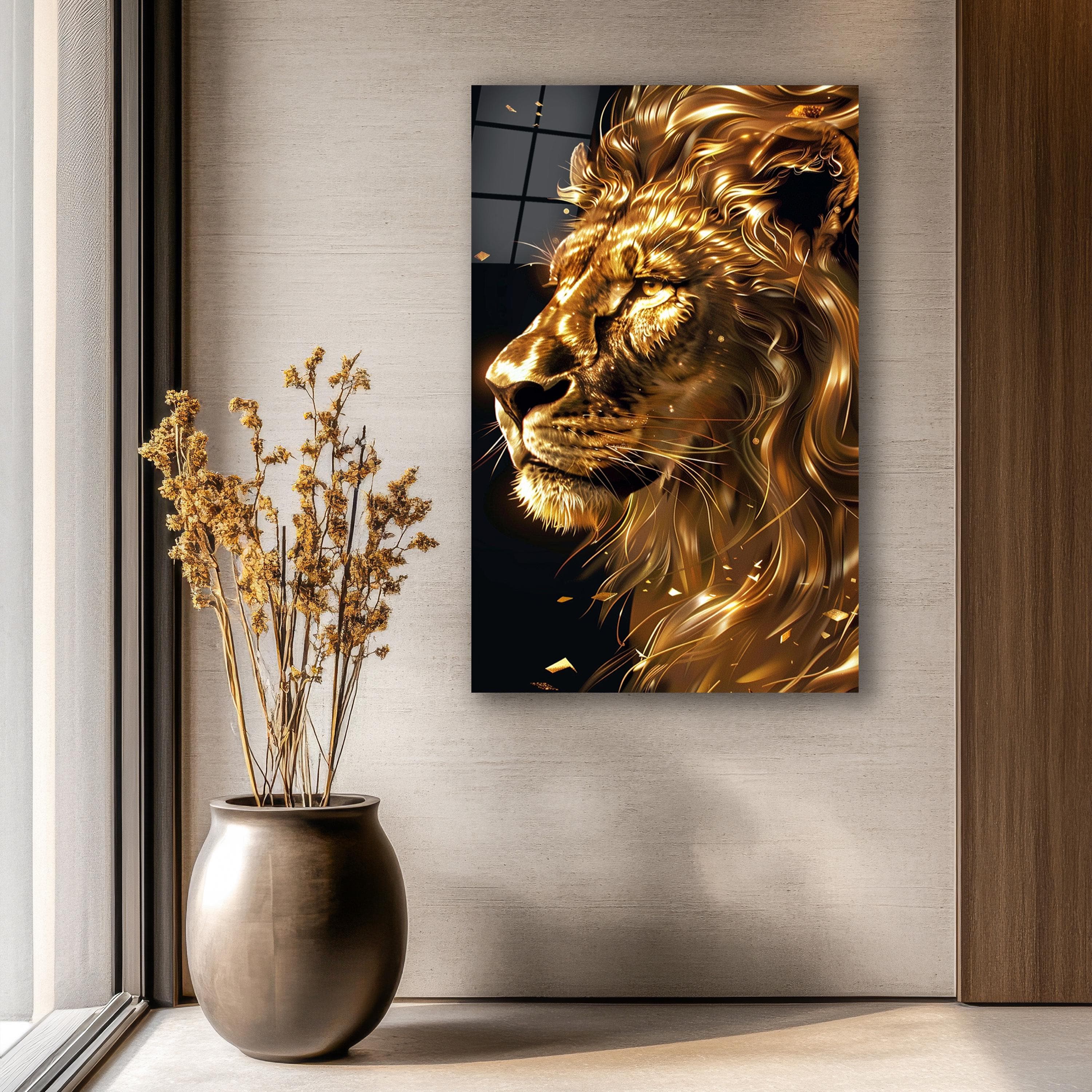 Majestic Lion Glass Wall Art, Tempered Glass Gold Lion Decor, Interior Design Ideas, Living Room Wall Art, Housewarming Gifts, Unique Gifts