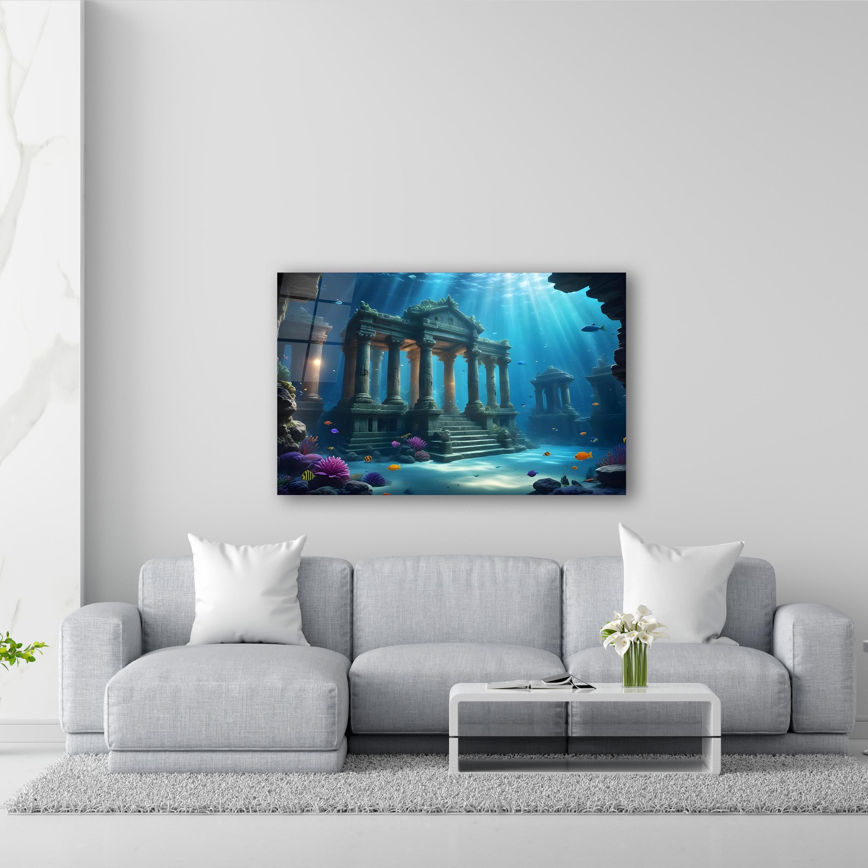 Sunken Temple Glass Wall Art, Underwater Ruins Tempered Glass Decor, Atlantis-Inspired Ocean Wall Art, Housewarming Gifts, Wall Hangings