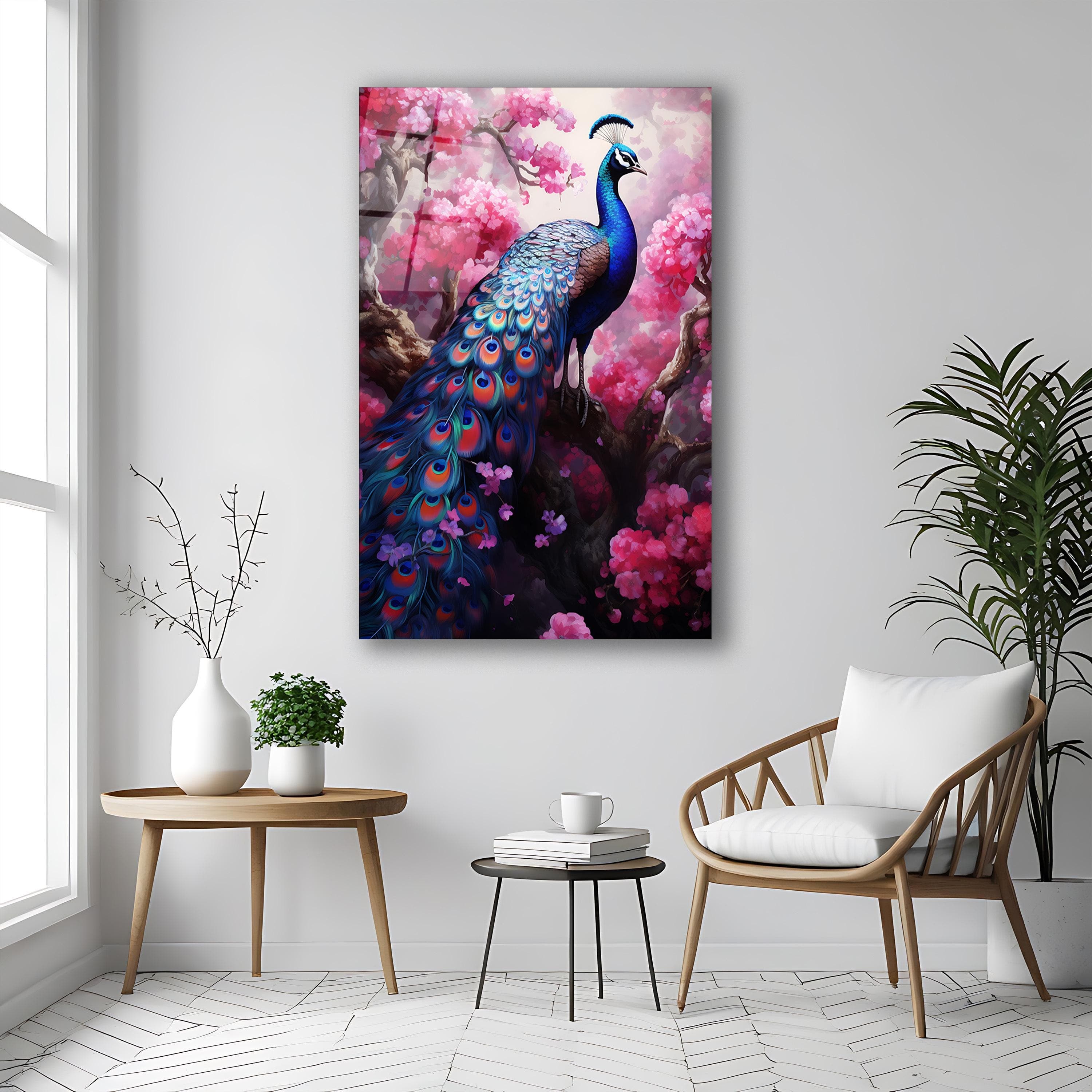 Peacock Painting Glass Wall Art, Pink Flowers Tempered Glass Decor, Elegant Wall Art, Living Room Decor, Housewarming Gifts, Wall Hangings