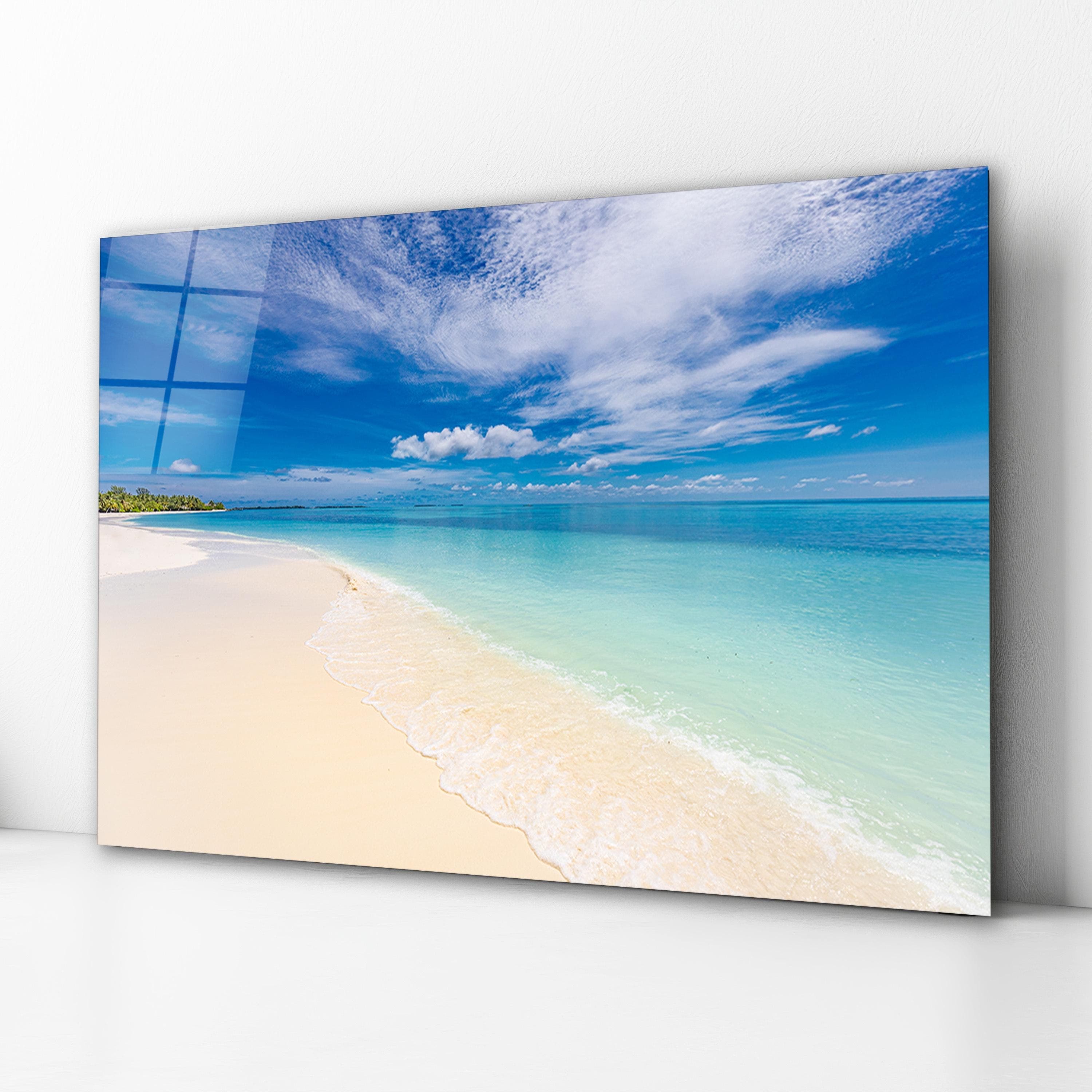 Tropical Beach Glass Wall Art, Serene Blue Ocean Tempered Glass Decor, Coastal Glass Print, Living Room Art, Mother's Day Gift, Wall Hanging