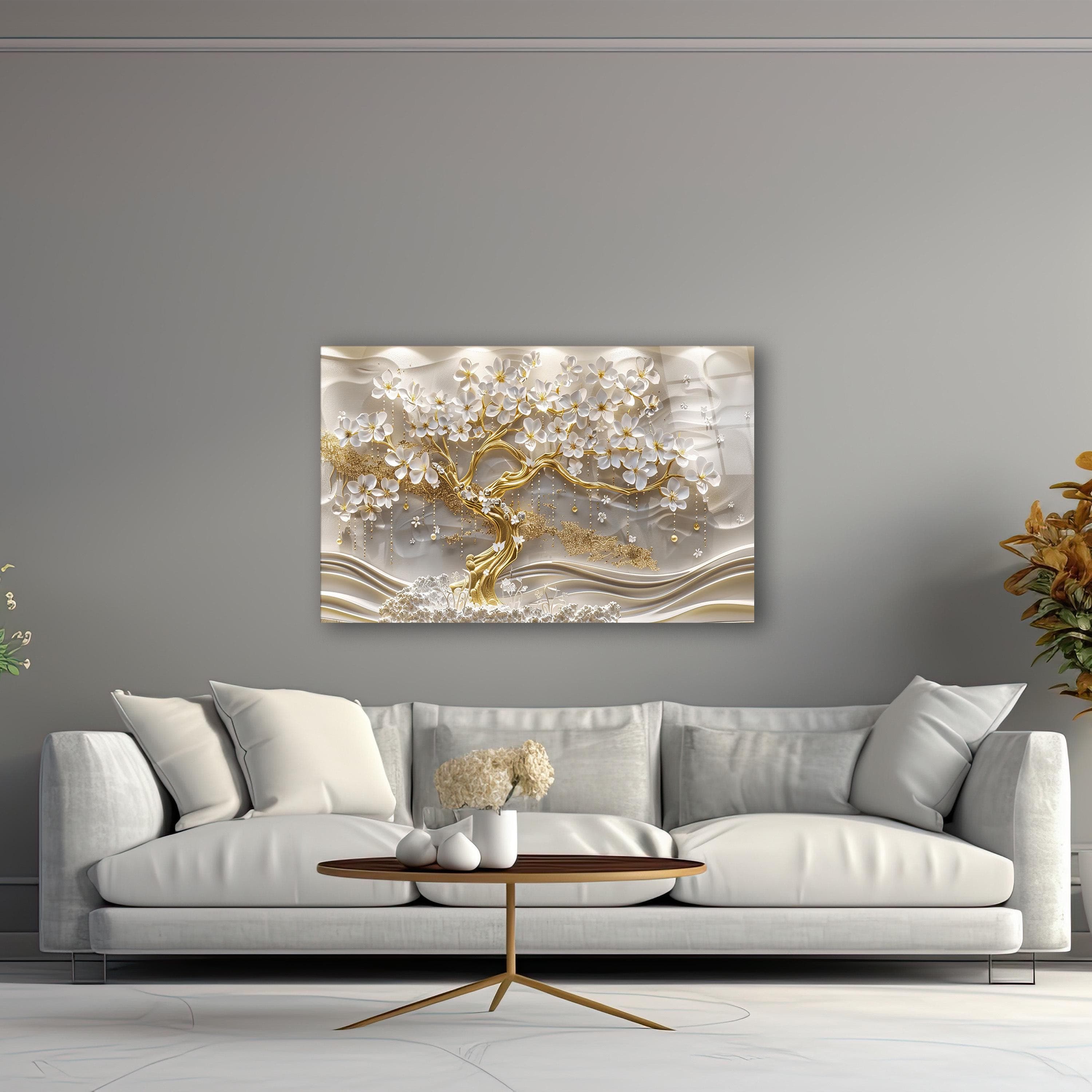 Golden Tree with White Flowers Glass Wall Art, Elegant Tempered Glass Decor, Living Room Art, Luxury Glass Print, New Home Gifts, Home Decor